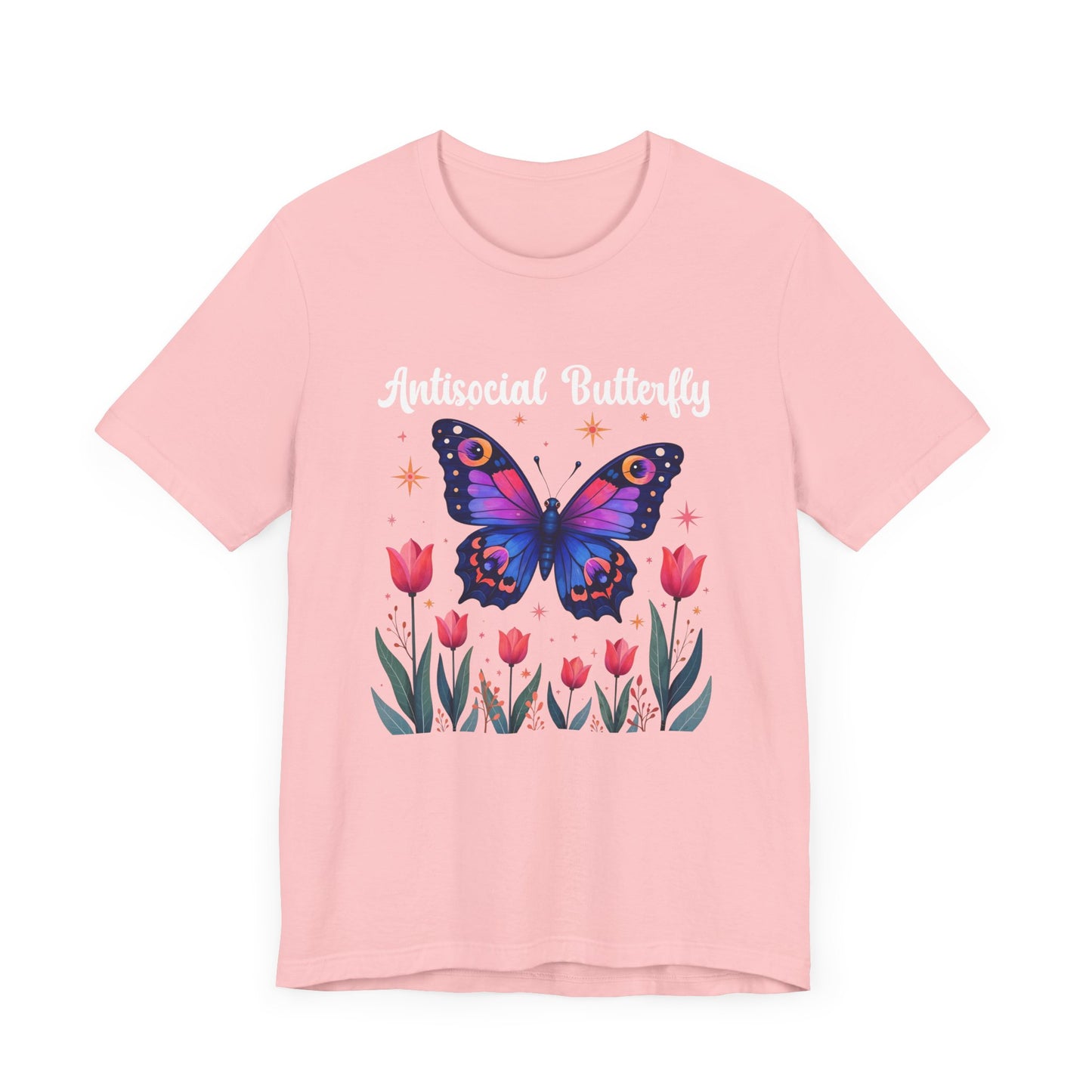 Antisocial Butterfly – Large Butterfly Above Flower Plants Graphic T-Shirt