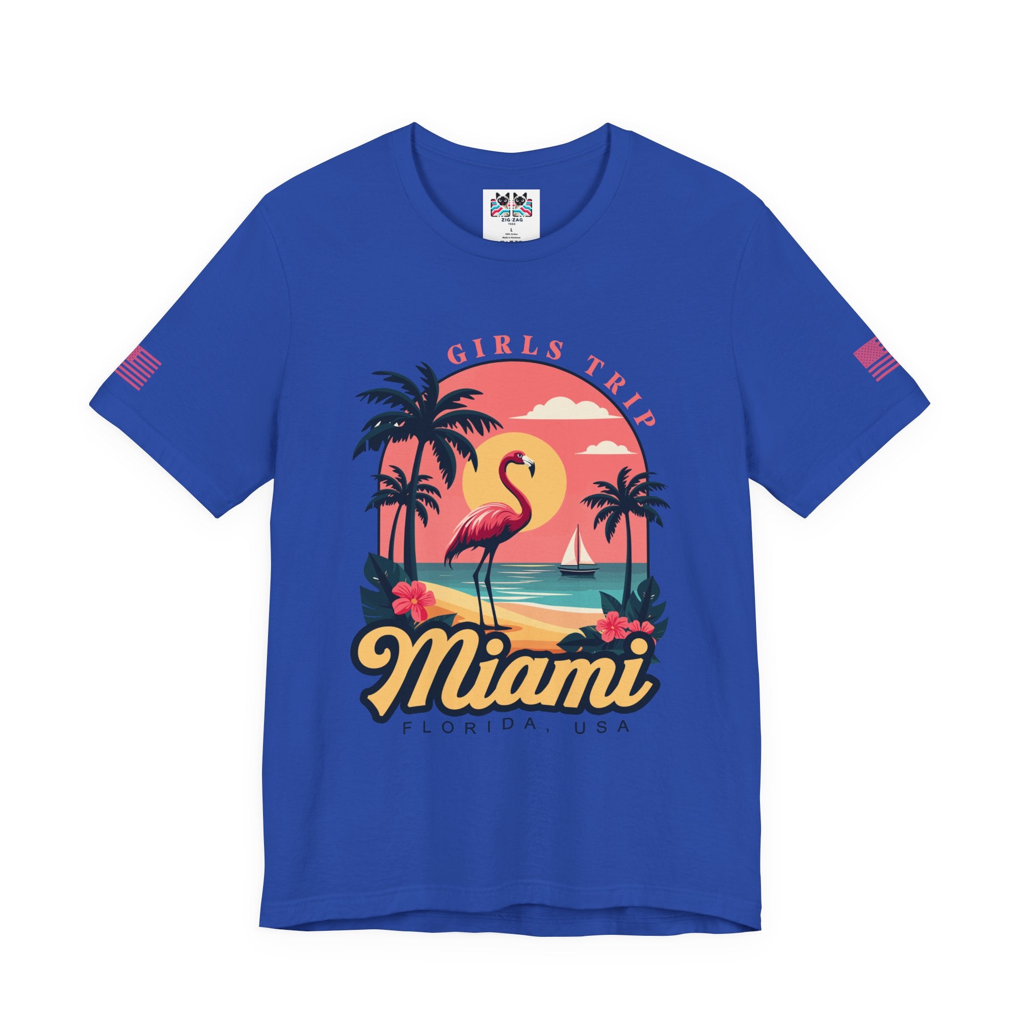 Miami Girls Trip Florida USA T-Shirt – Flamingo Sunset Palm Tree Beach Graphic Tee