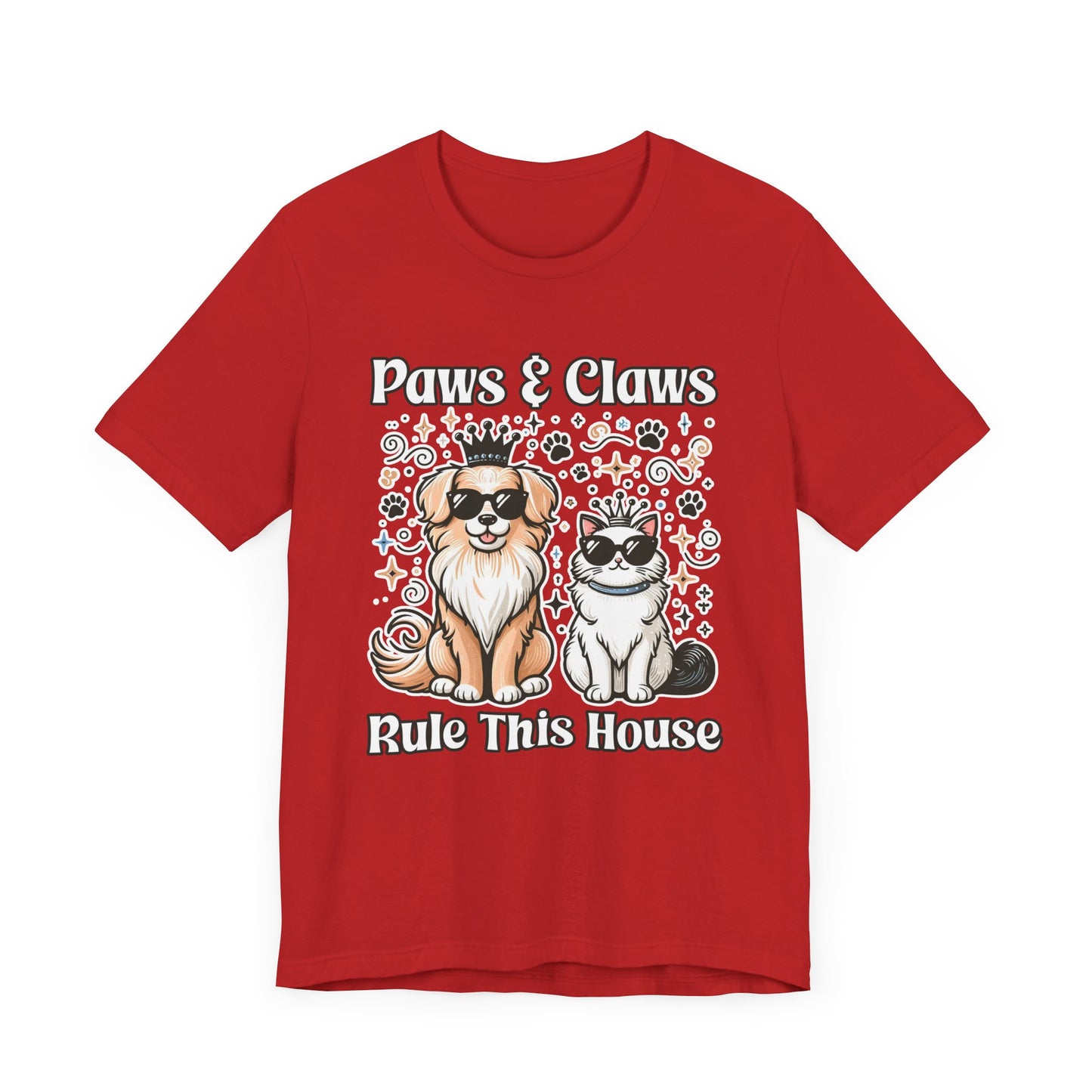 Paws and Claws Rule the House | Smiling Dog & Cat with Paw Shapes T-Shirt