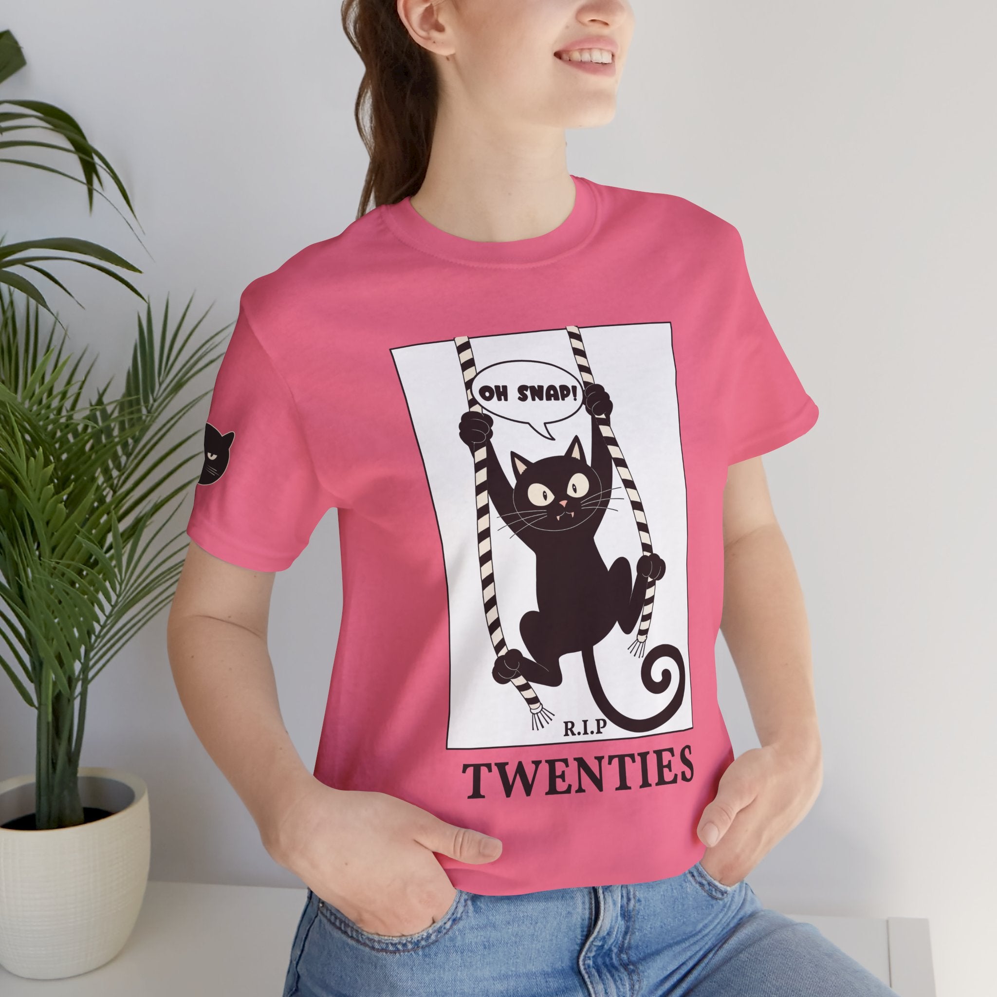 Custom T-Shirt - Oh Snap Funny Cat T-Shirt – Cat Hanging from Blinds Mischievous Kitten Humor Graphic Tee