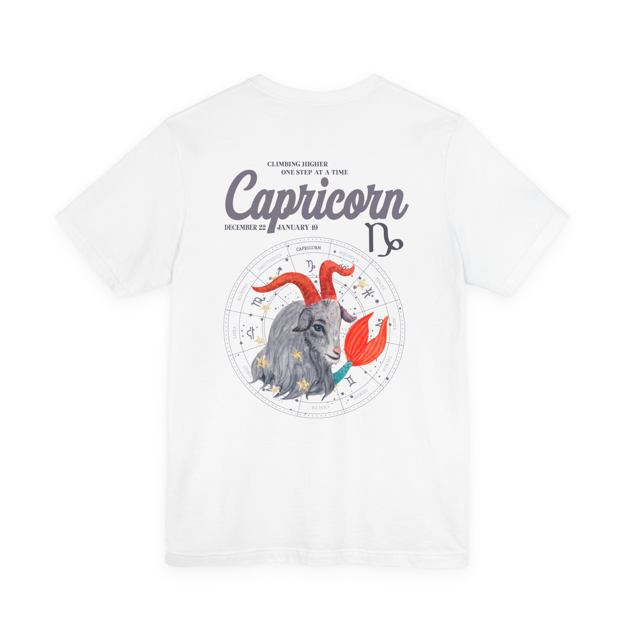 Capricorn Zodiac T-Shirt – Climbing Higher One Step At A Time Astrological wheel