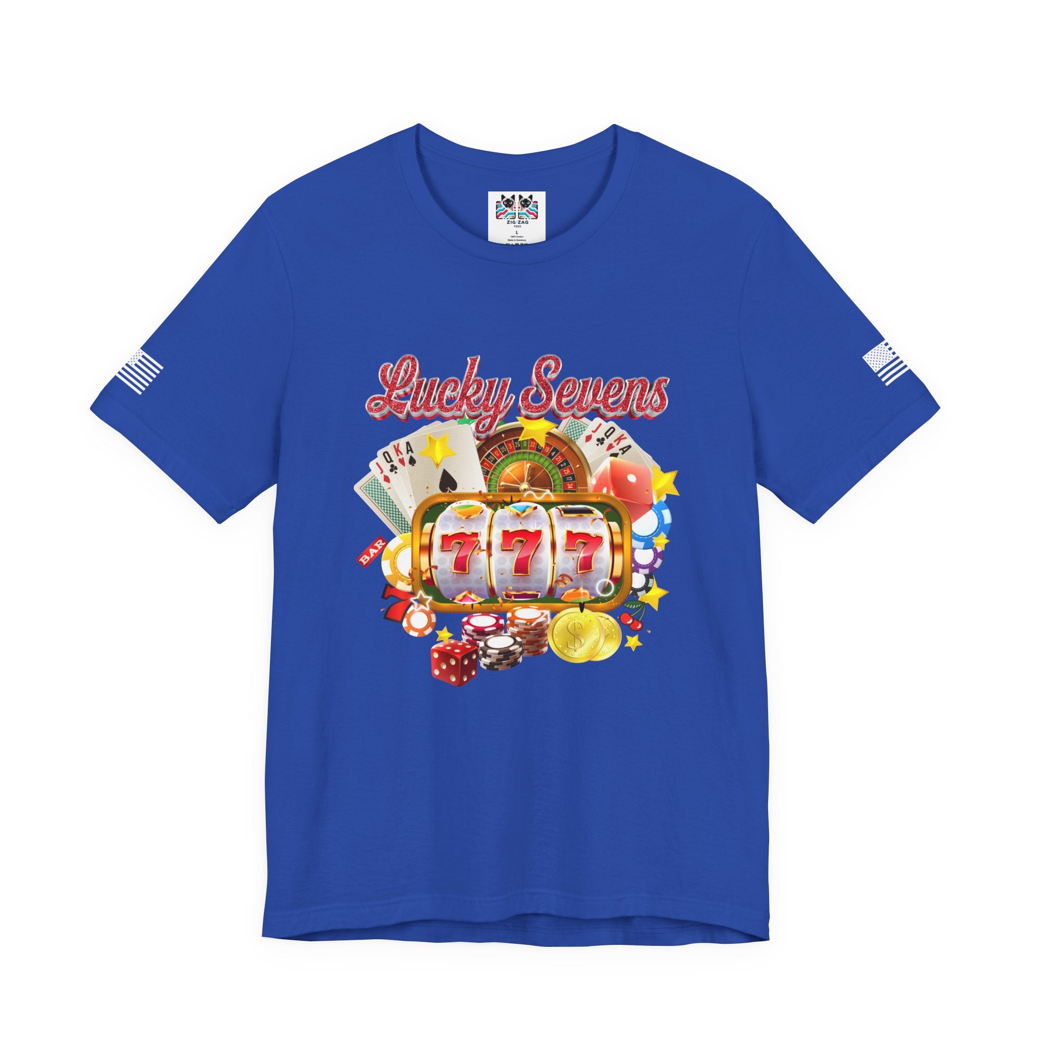 Lucky Sevens Casino T-Shirt – 777 Slot Machine Roulette Poker Chips Vegas Tee