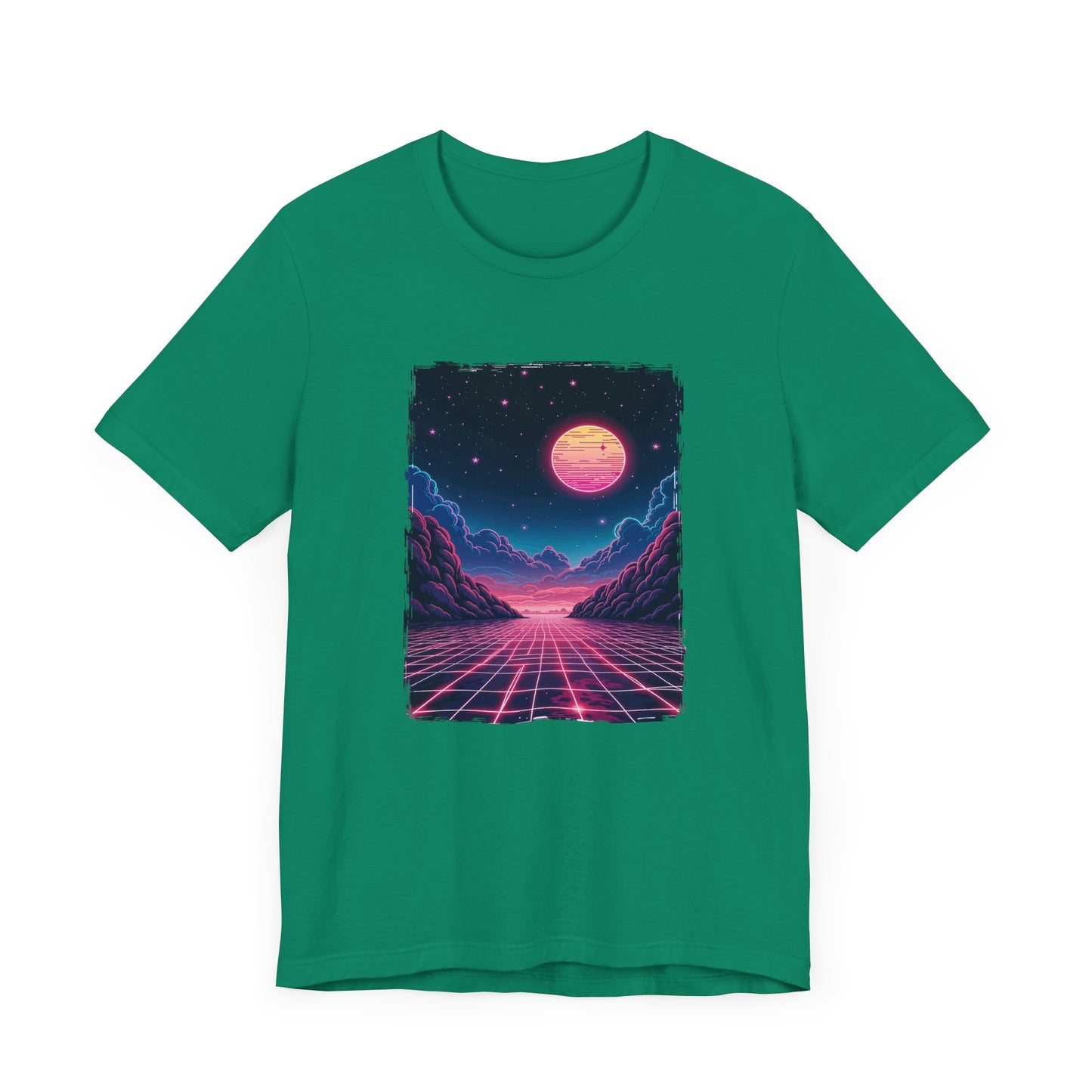 Neon Dream – Full Moon Night Waterfront with Mountains and Glowing Sky Graphic T-Shirt