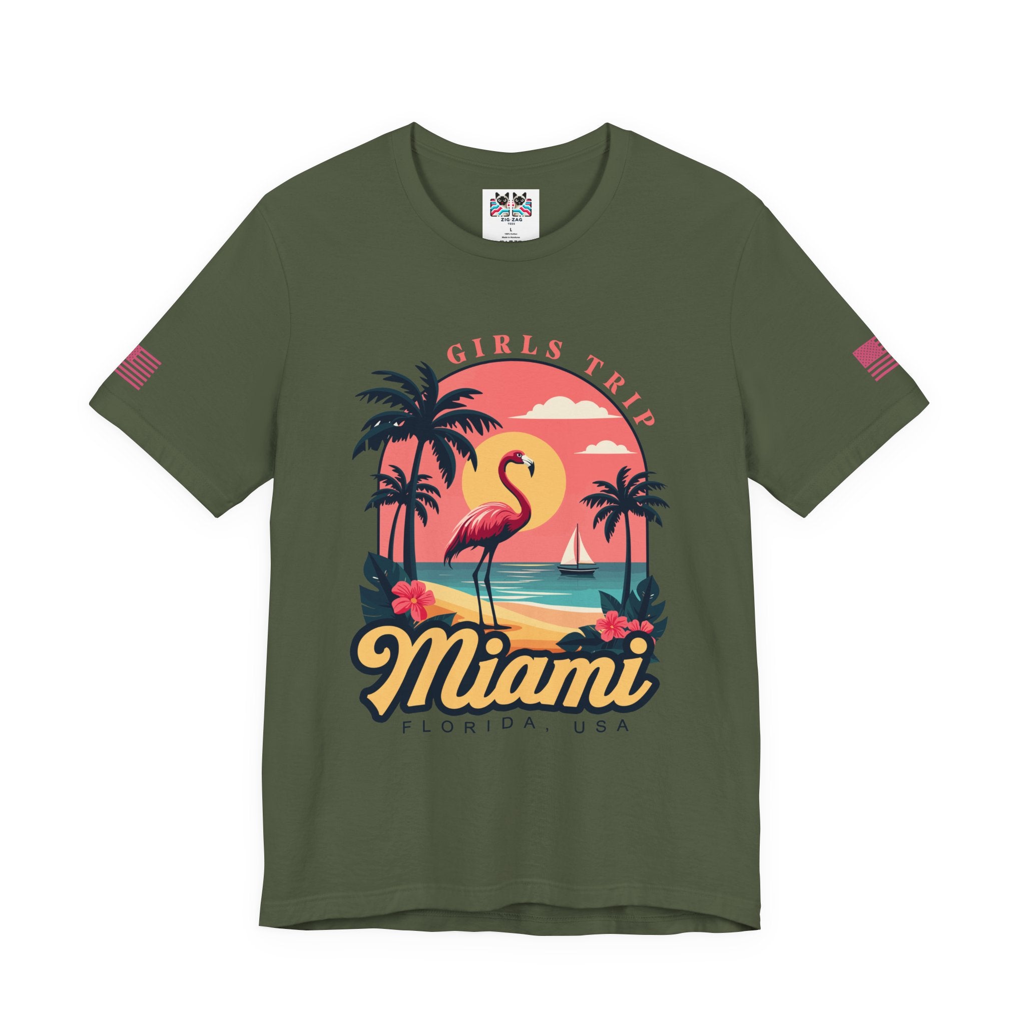 Miami Girls Trip Florida USA T-Shirt – Flamingo Sunset Palm Tree Beach Graphic Tee