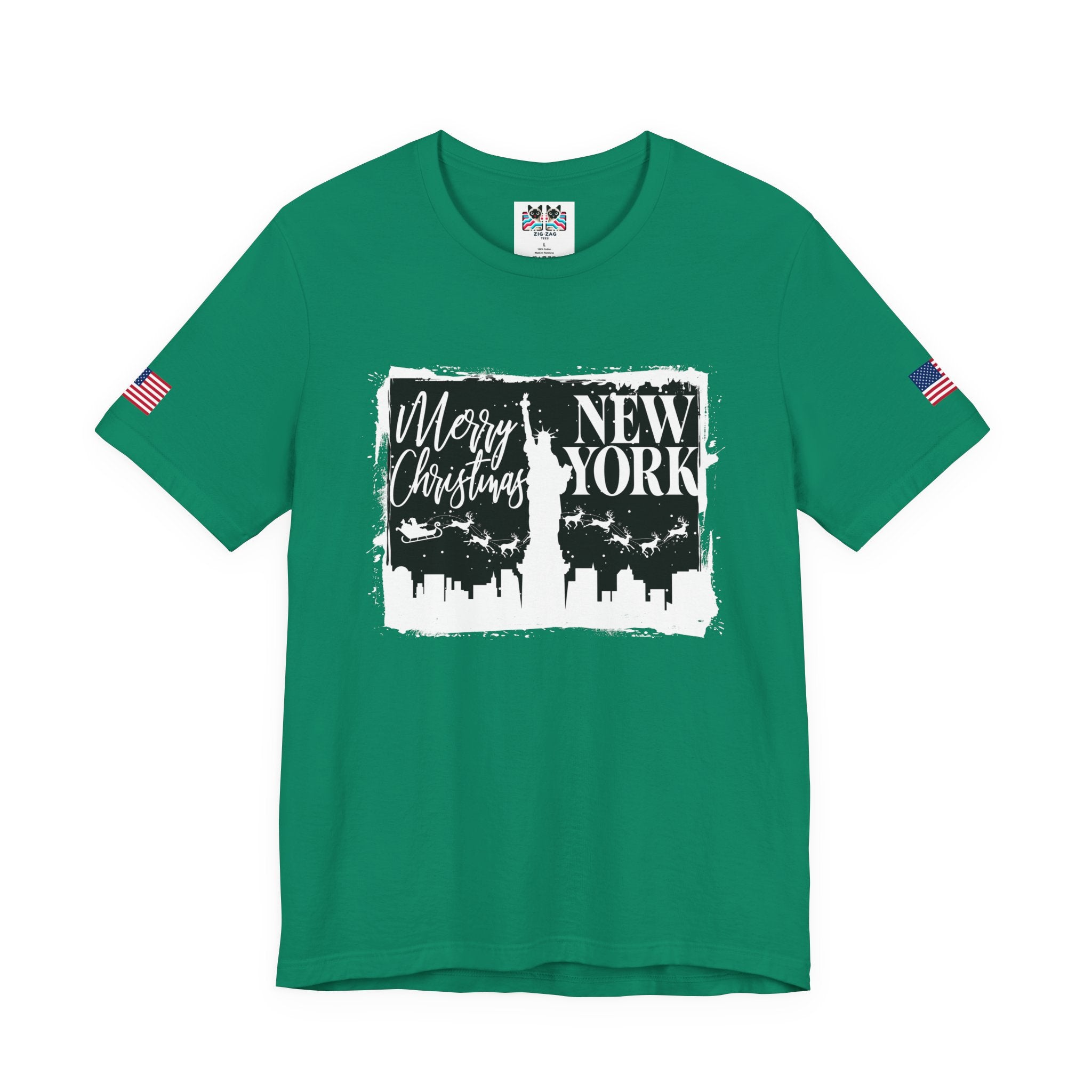 Merry Christmas New York T-Shirt - NYC Holiday Skyline with Santa & Statue of Liberty