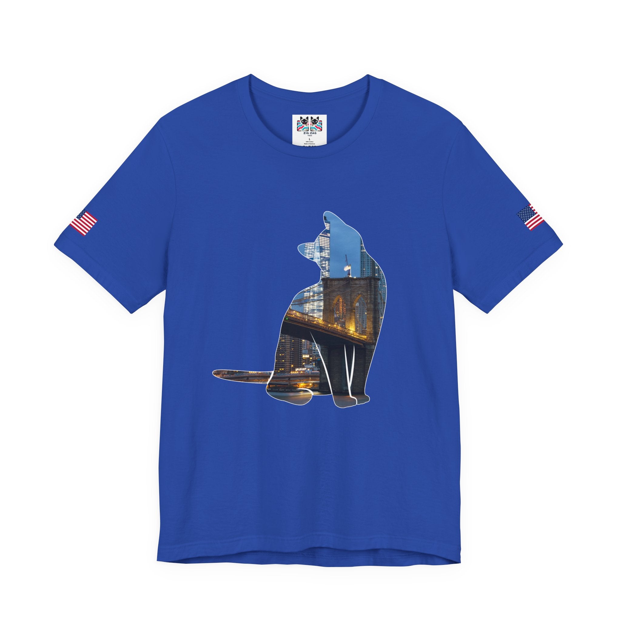 NYC Cat Silhouette T-Shirt - New York City Skyline in Cat Shape Brooklyn Bridge Design
