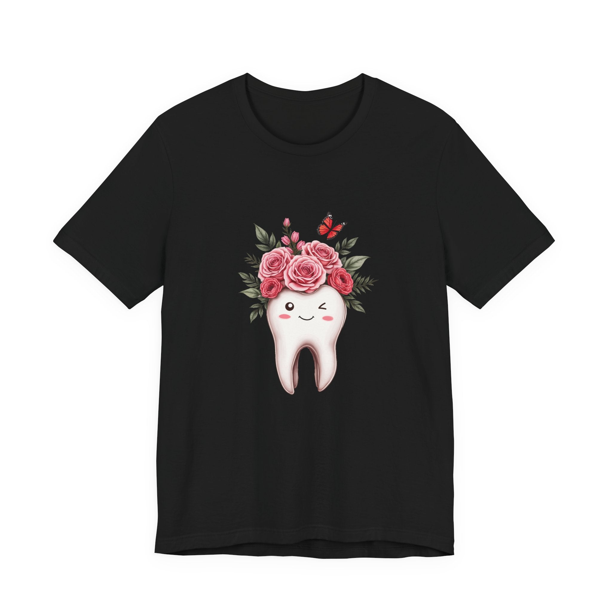Smile T Shirt with Large Winking Tooth Surrounded by Flowers Leaves and Butterflies