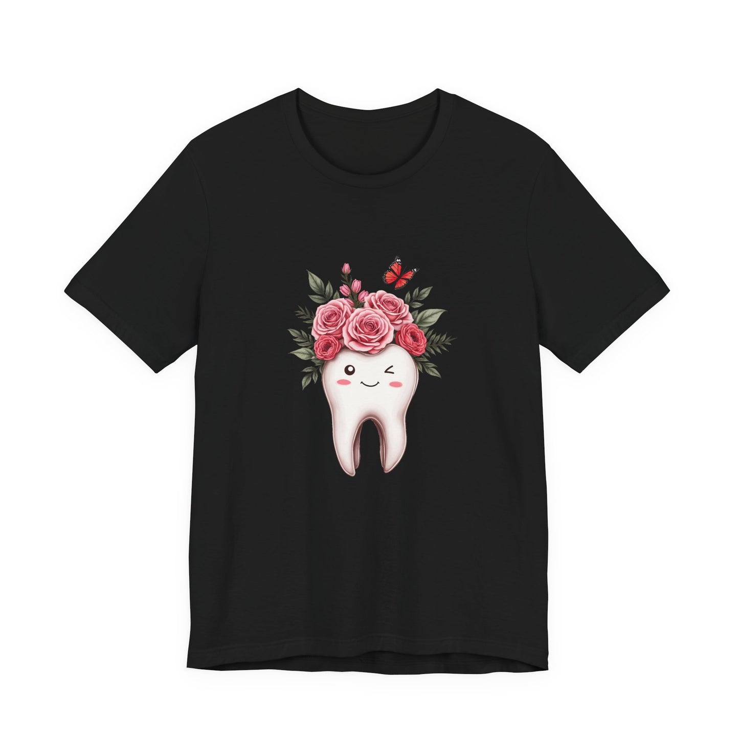 Smile T Shirt with Large Winking Tooth Surrounded by Flowers Leaves and Butterflies