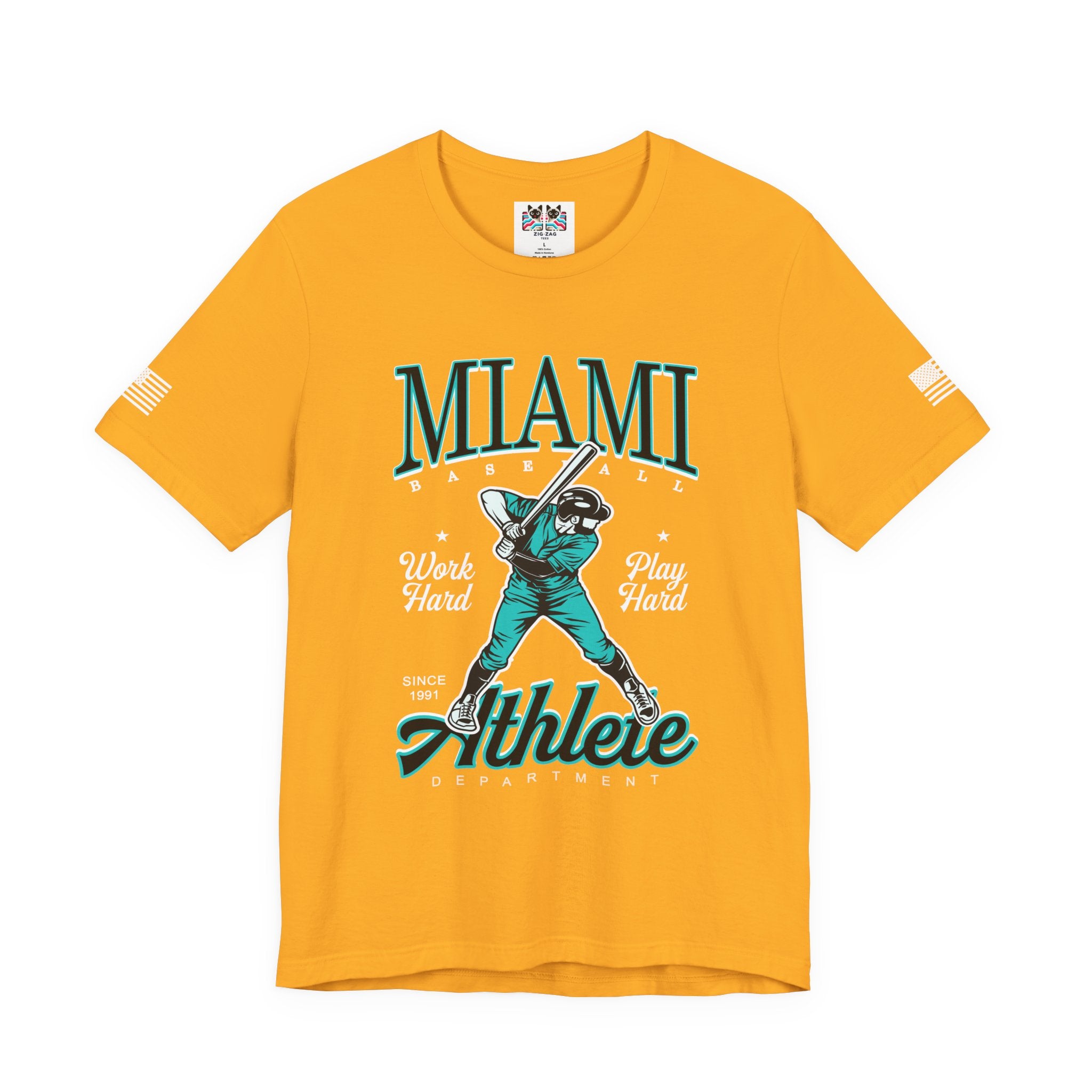 Miami Baseball Athlete Department T-Shirt – Work Hard Play Hard Since 1991 Graphic Tee