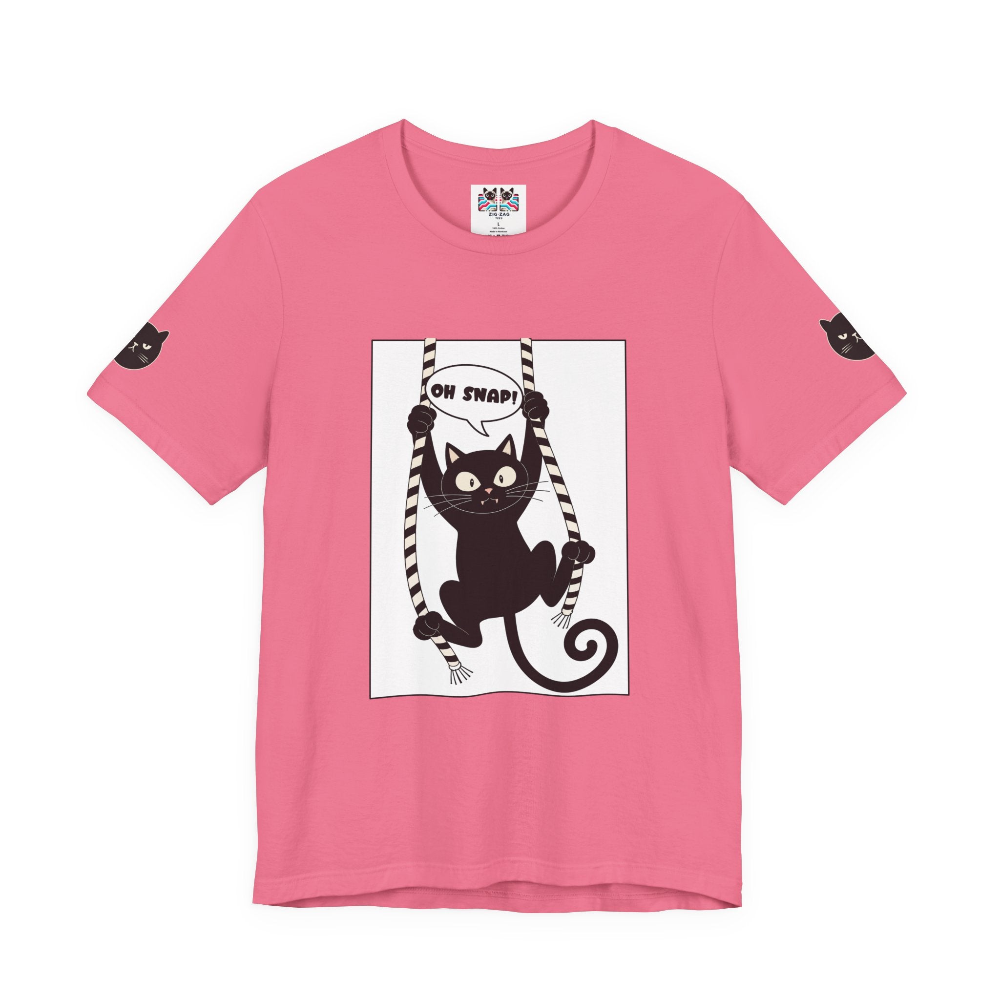 Oh Snap Funny Cat T-Shirt – Cat Hanging from Blinds Mischievous Kitten Humor Graphic Tee