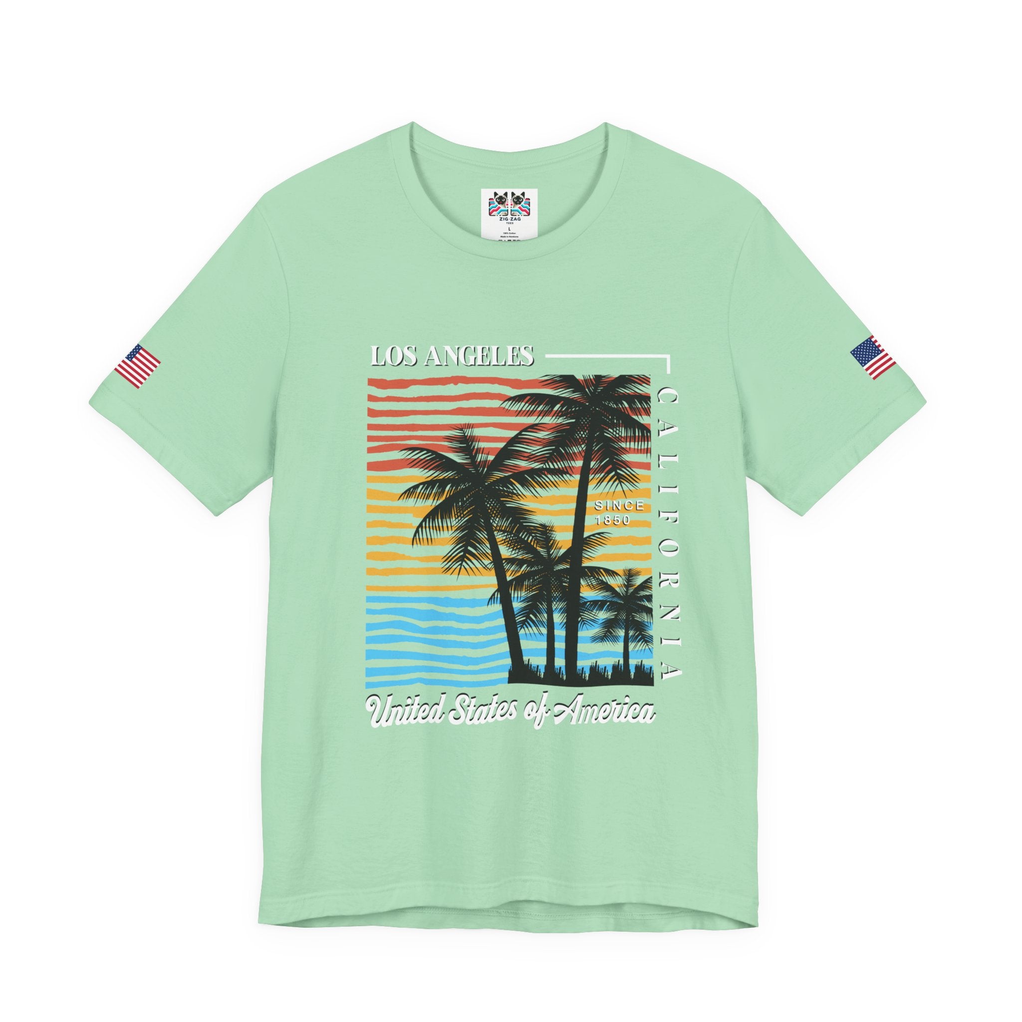 Los Angeles California Since 1850 T-Shirt – Colorful Striped Sunset Palm Tree USA Tee