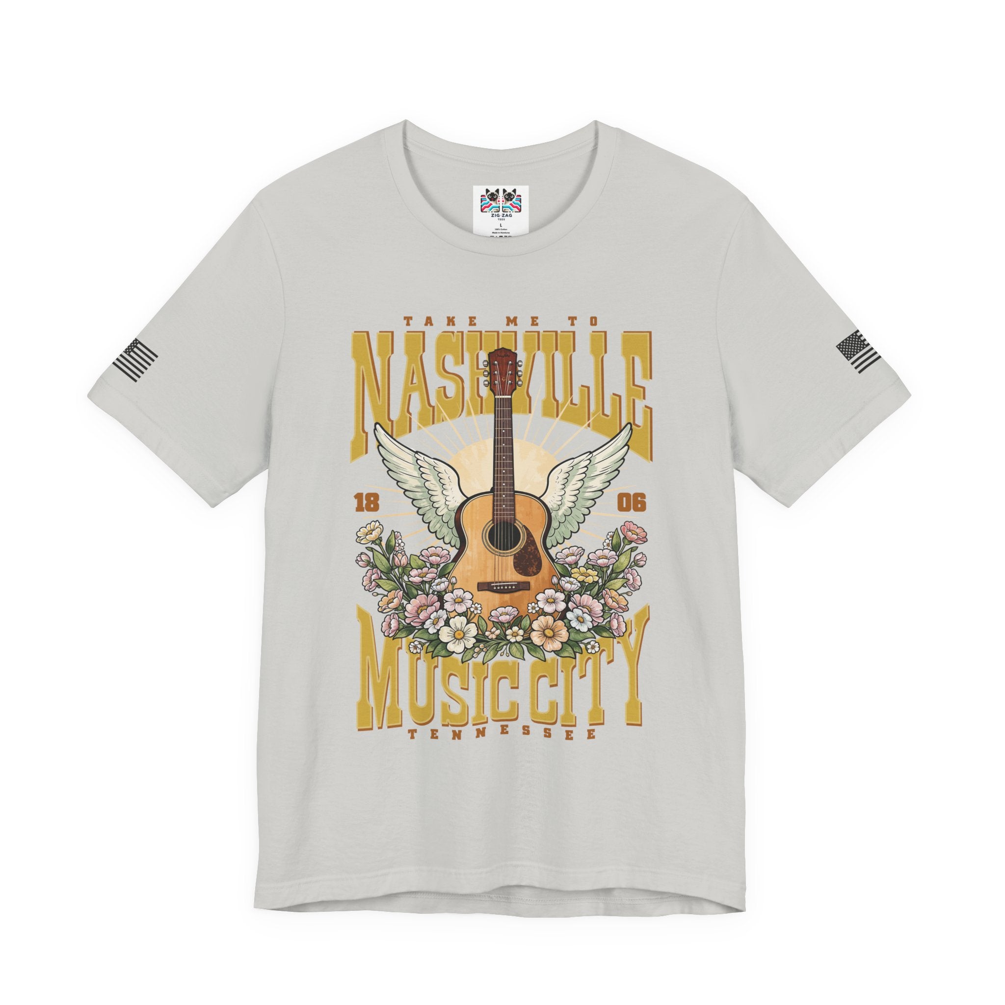 Take Me to Nashville Music City T-Shirt – Winged Acoustic Guitar Floral EST 1806 Tennessee Graphic Tee