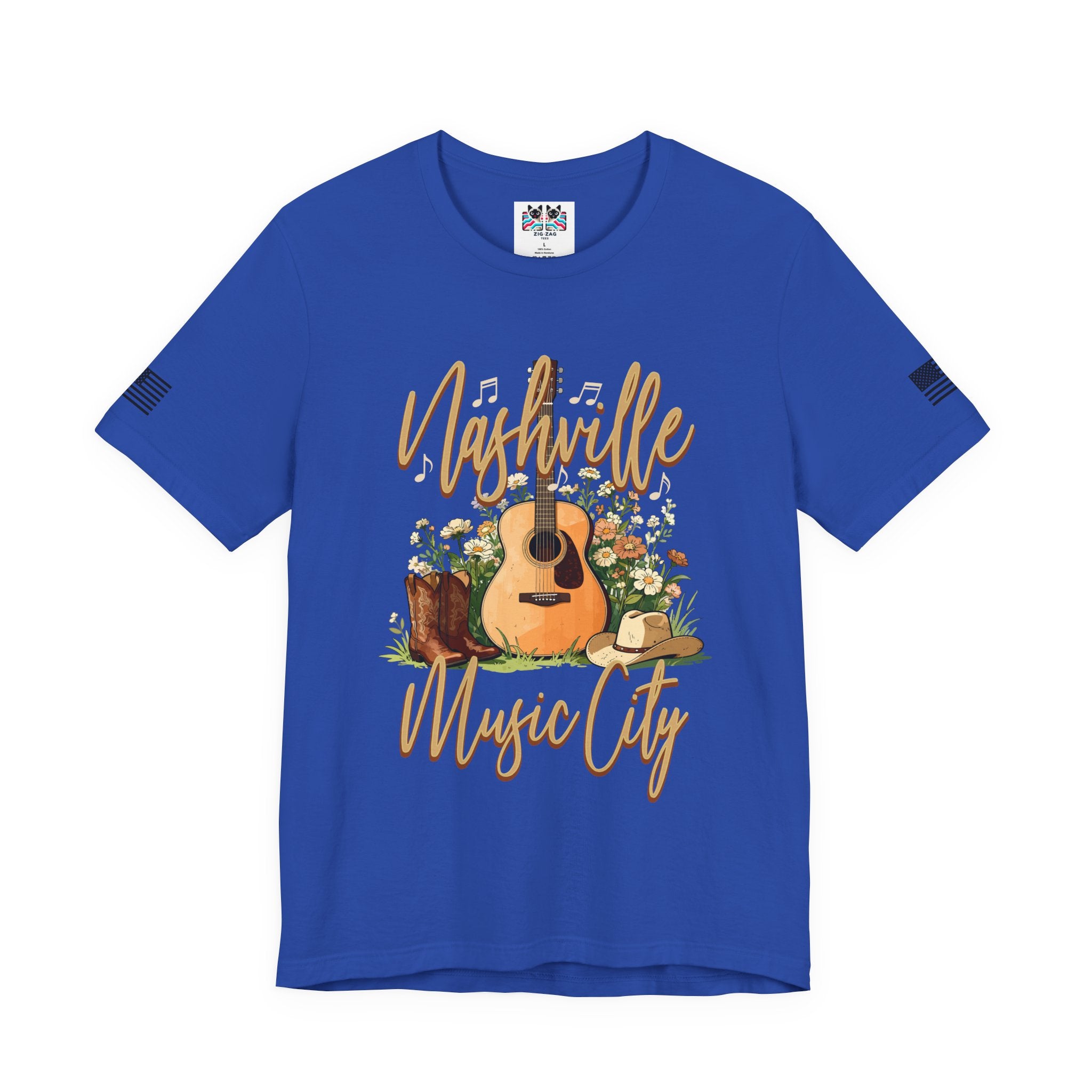 Nashville Music City T-Shirt – Acoustic Guitar Cowboy Hat Boots Floral Script Graphic Tee