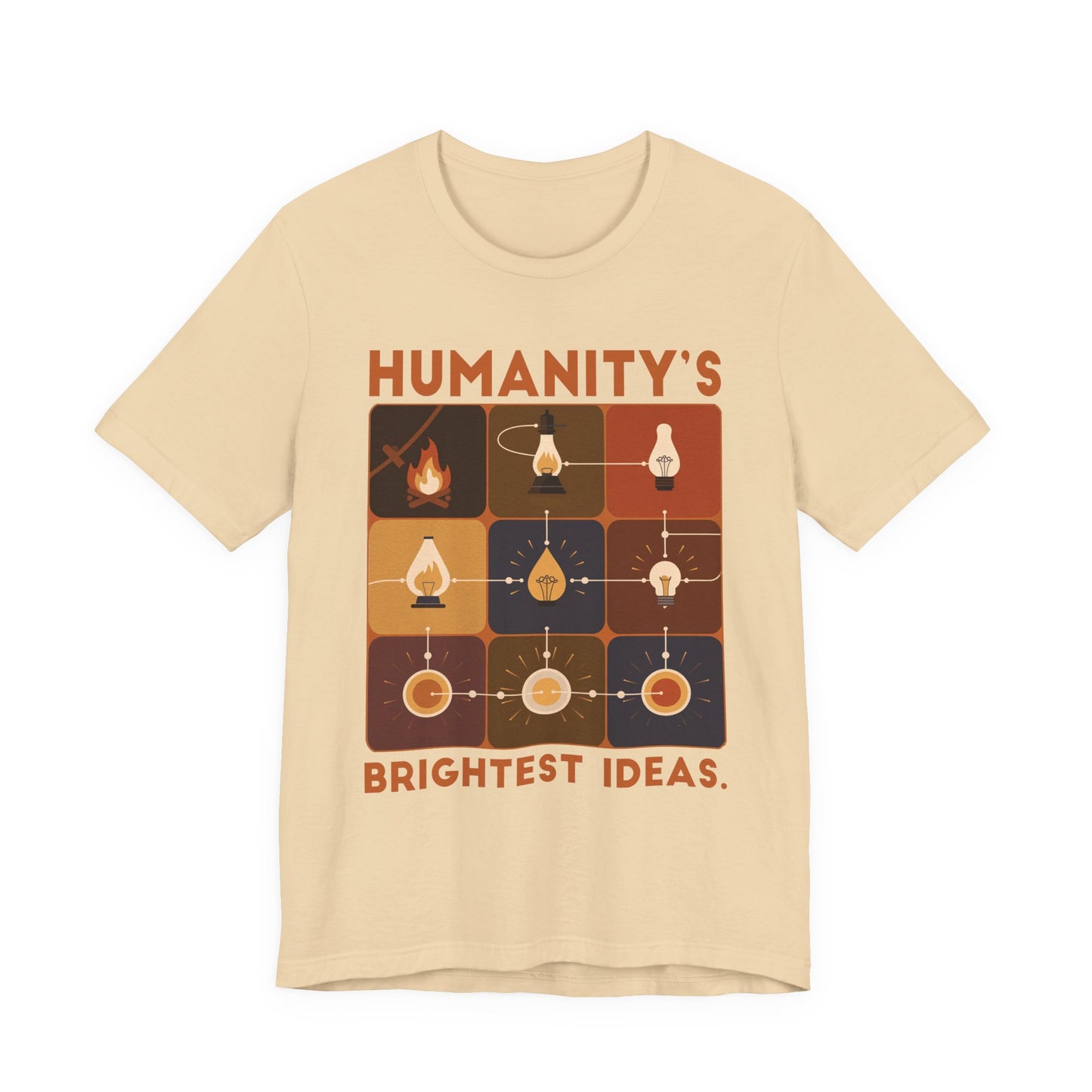 Humanity’s Bright Ideas Tshirt – Evolution from Fire to Fiber Optics Graphic