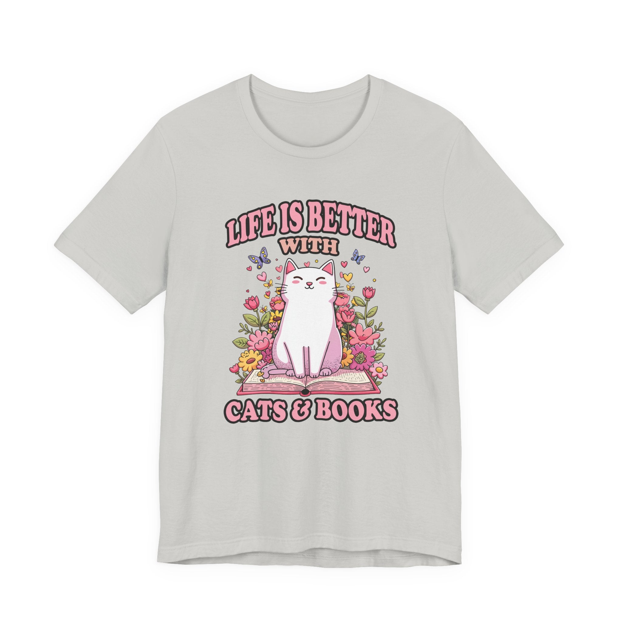 Life Is Better With Cat And Books Tshirt Cat Sitting on Open Book Flower Graphic