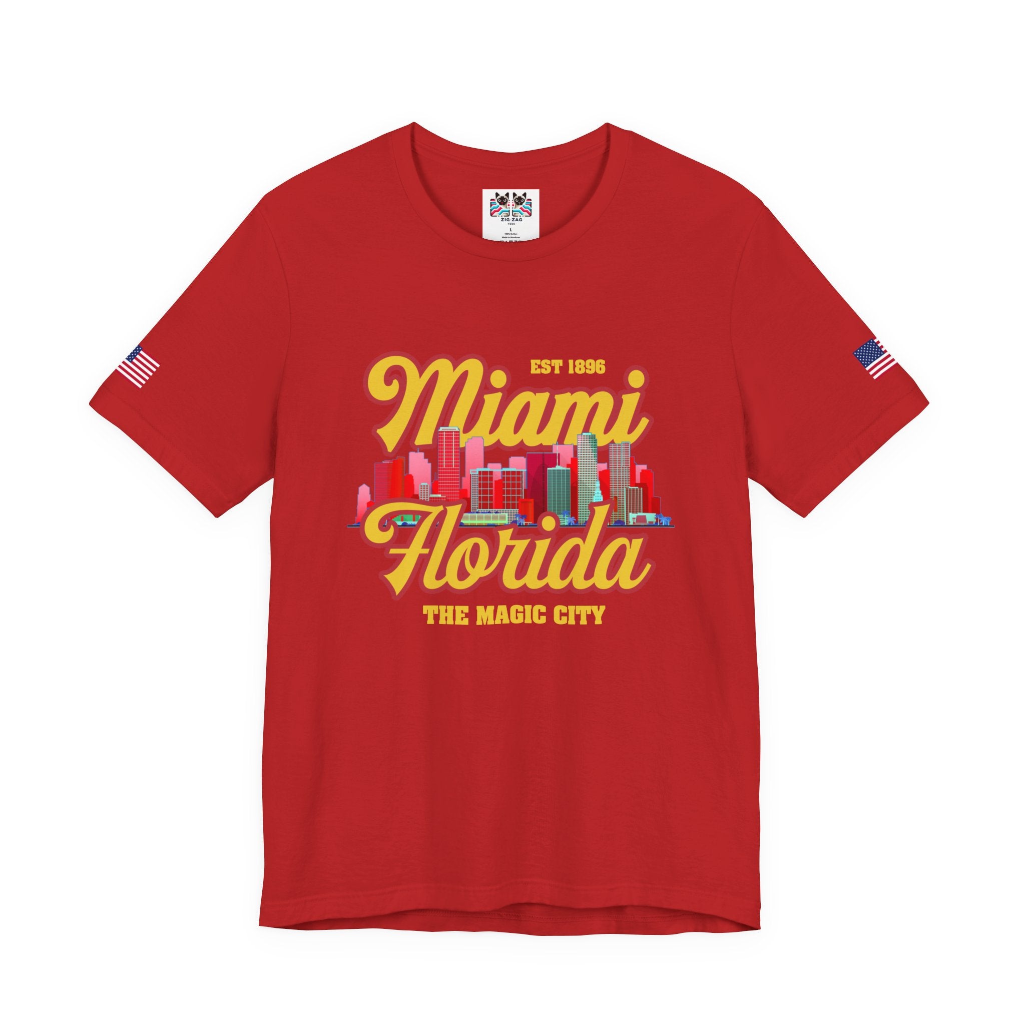 Miami Florida EST 1896 The Magic City T-Shirt – Retro Script Colorful Skyline Tee