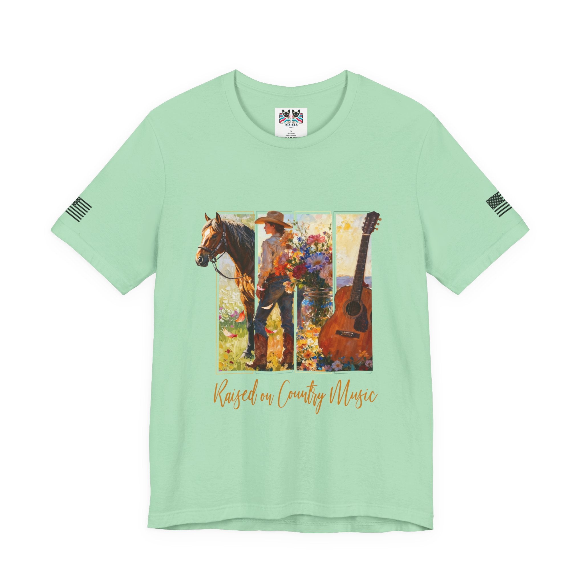 Raised on Country Music T-Shirt – Triptych Horse Cowboy Guitar Floral Illustrated Graphic Tee