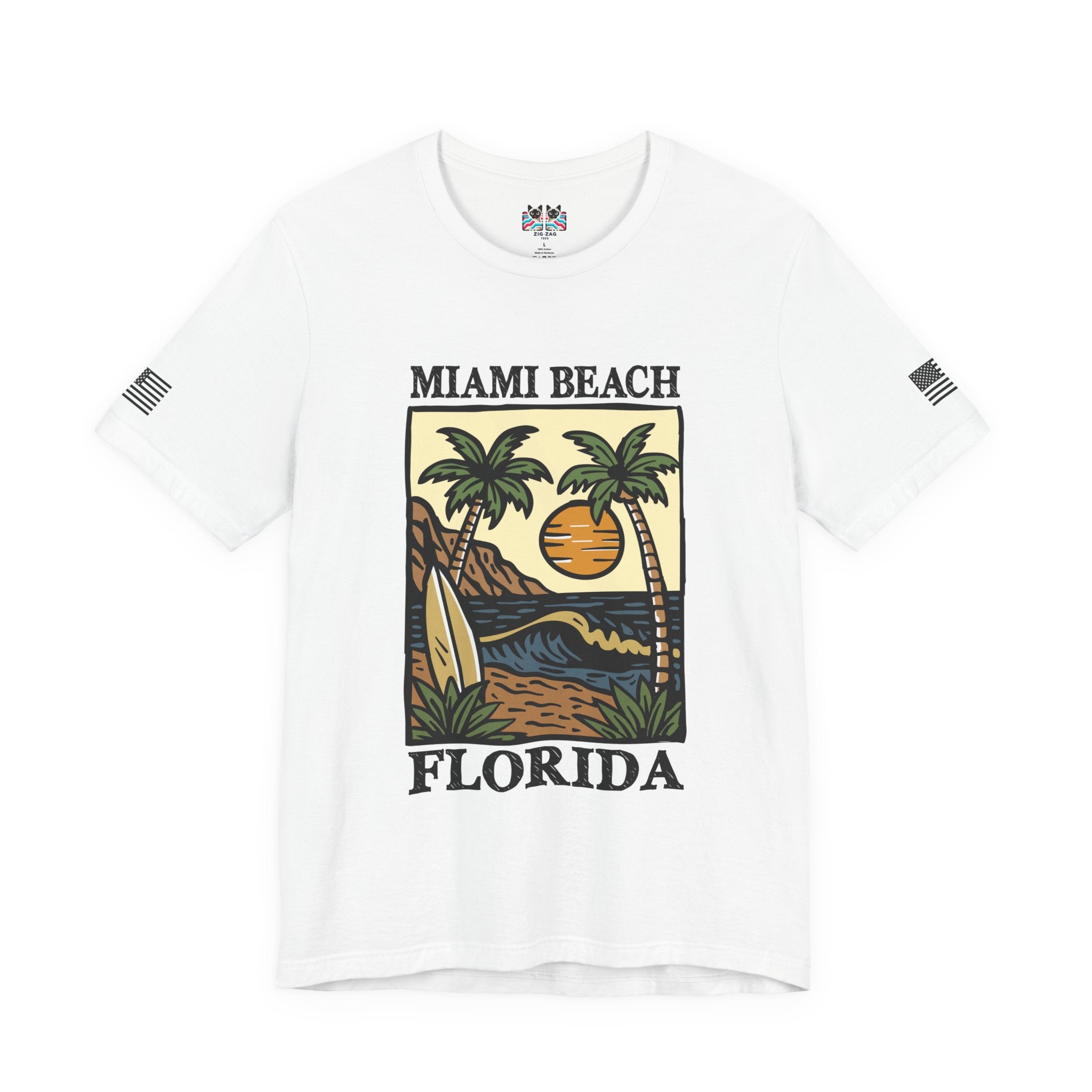 Miami Beach Florida T-Shirt – Illustrated Surfboard Palm Tree Sunset Beach Scene Tee
