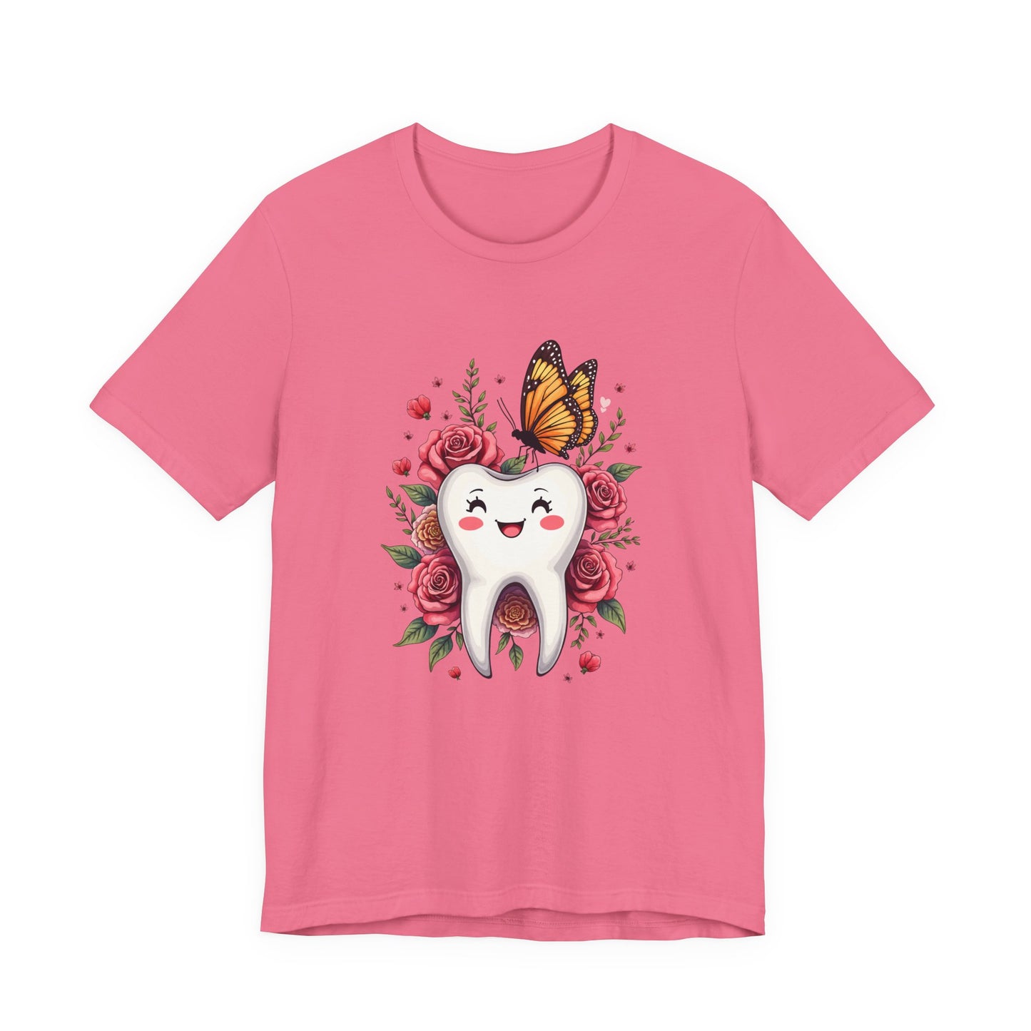 Smile T Shirt Featuring Large Smiling Tooth Surrounded by Flowers Leaves and Butterflies