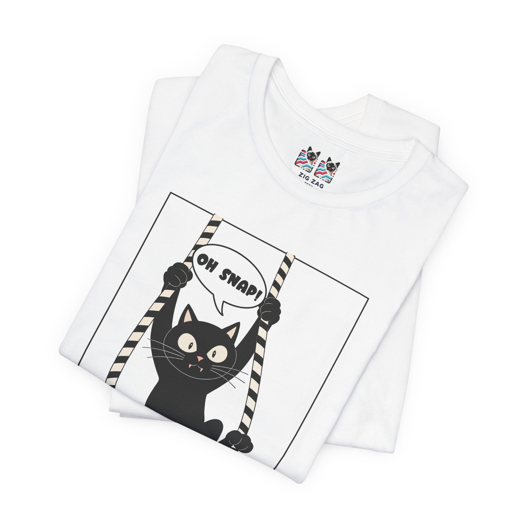 Custom T-Shirt - Oh Snap Funny Cat T-Shirt – Cat Hanging from Blinds Mischievous Kitten Humor Graphic Tee