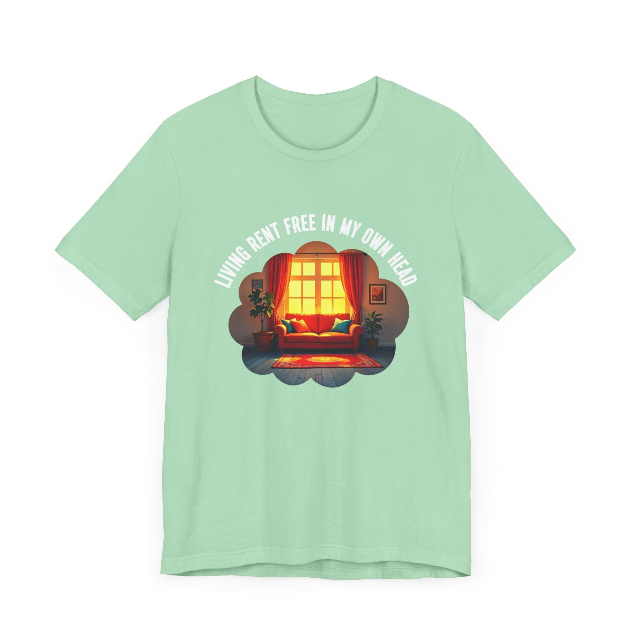 Living Rent Free in My Own Head – Cozy Living Room with Sofa & Sunlit Window Graphic T-Shirt