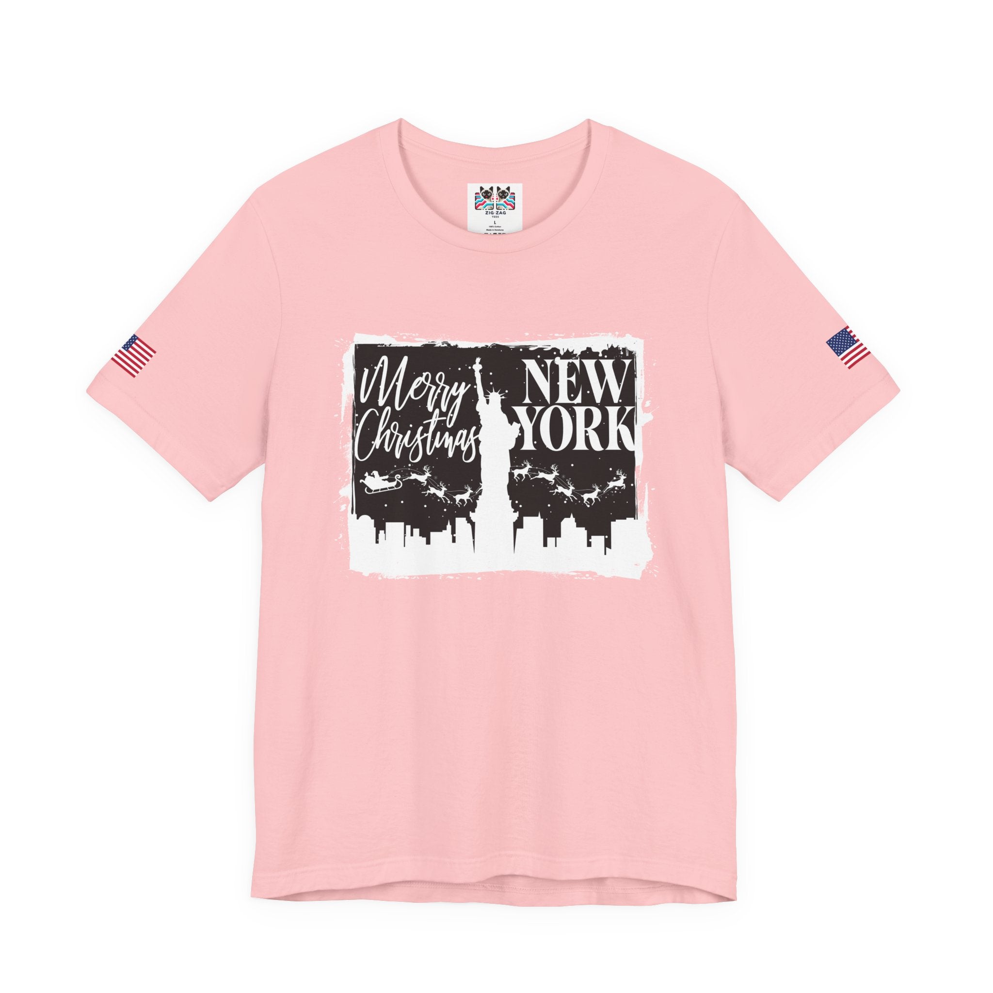 Merry Christmas New York T-Shirt - NYC Holiday Skyline with Santa & Statue of Liberty