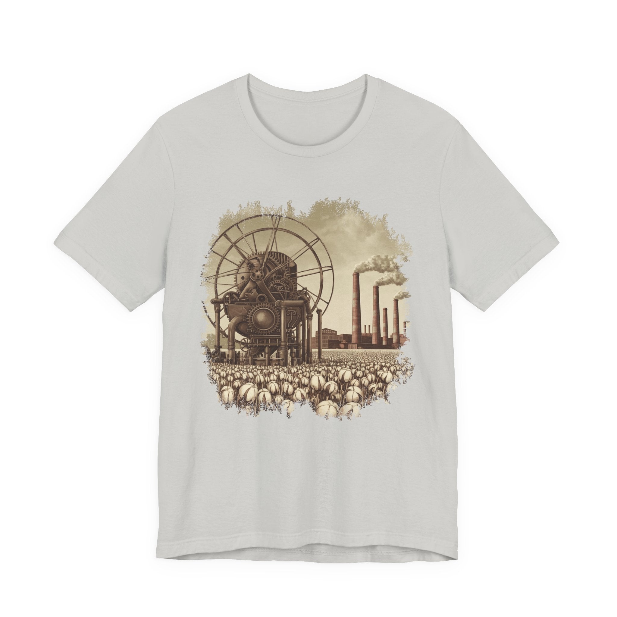 Cotton Gin Club Tshirt – Harvest-Ready Cotton Field with Historic Spinning Machine and Factory
