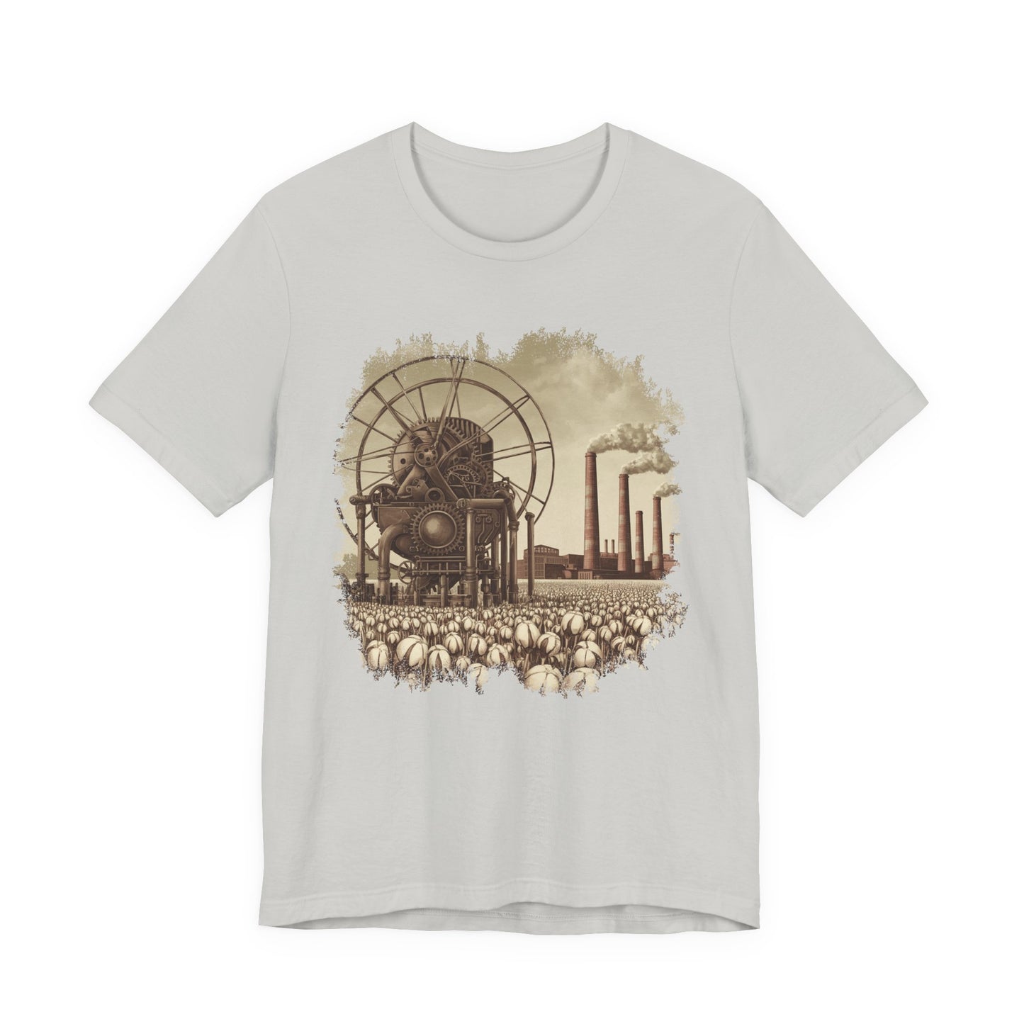 Cotton Gin Club Tshirt – Harvest-Ready Cotton Field with Historic Spinning Machine and Factory