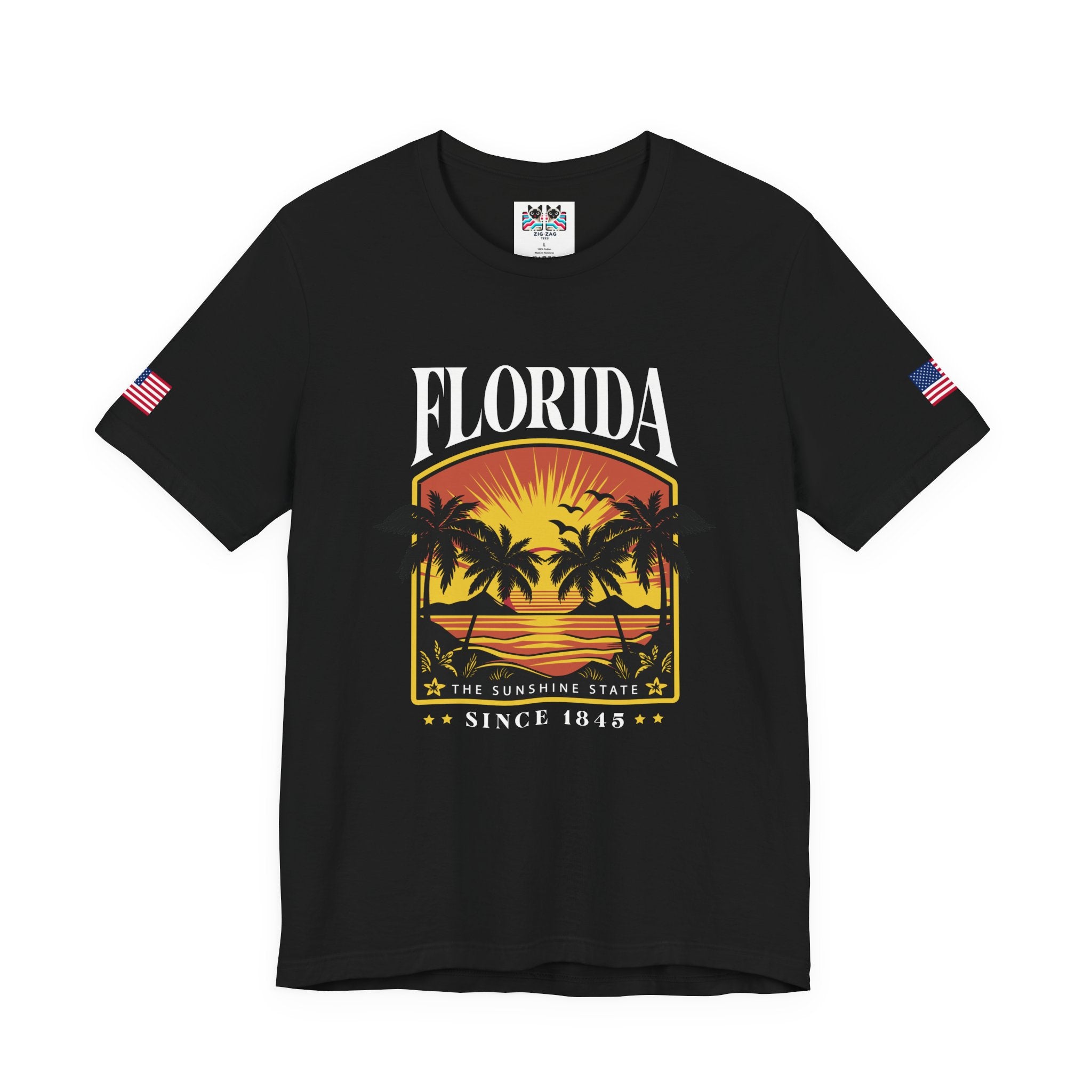Florida The Sunshine State Since 1845 T-Shirt – Retro Badge Palm Tree Sunset Graphic Tee