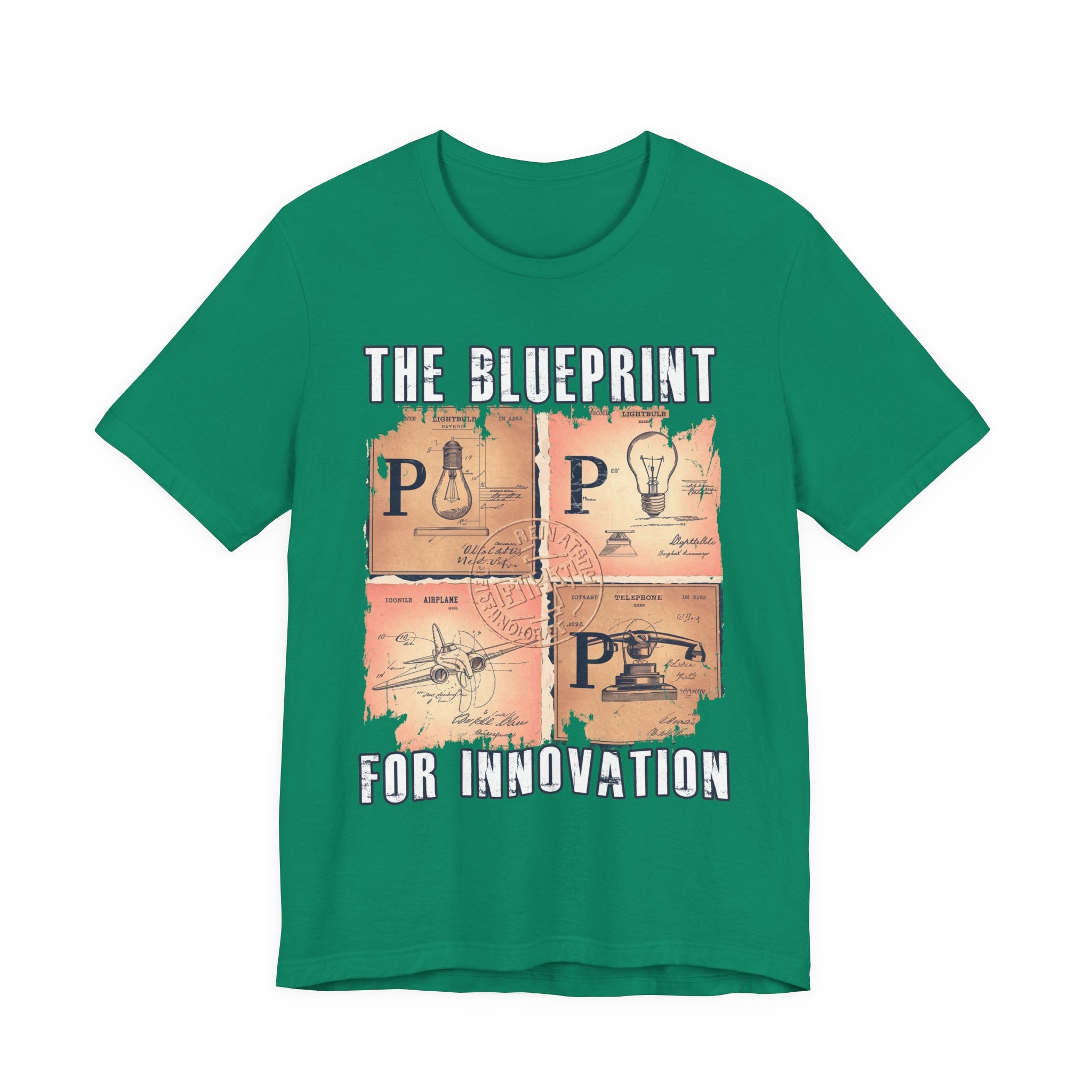 The Blueprint for Innovation Tshirt – Vintage Paper with Iconic Inventions Graphic