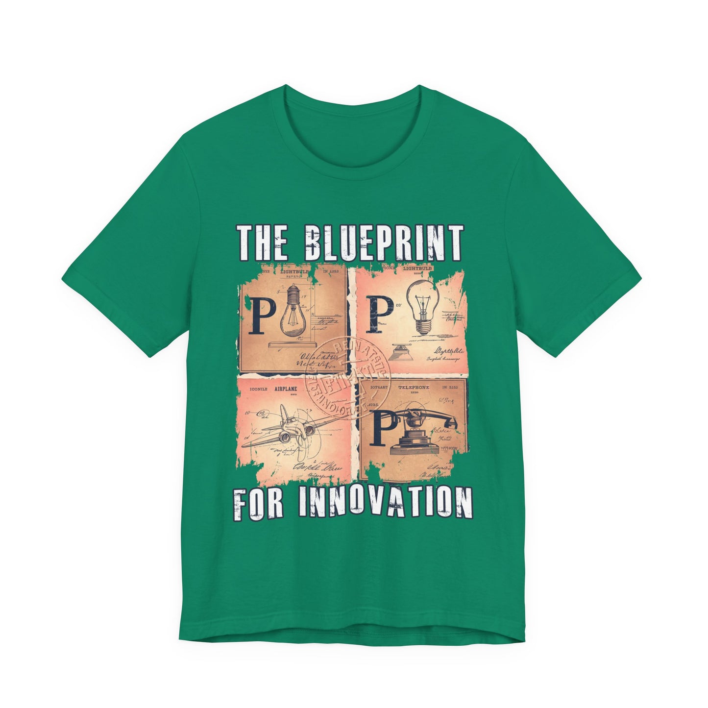 The Blueprint for Innovation Tshirt – Vintage Paper with Iconic Inventions Graphic