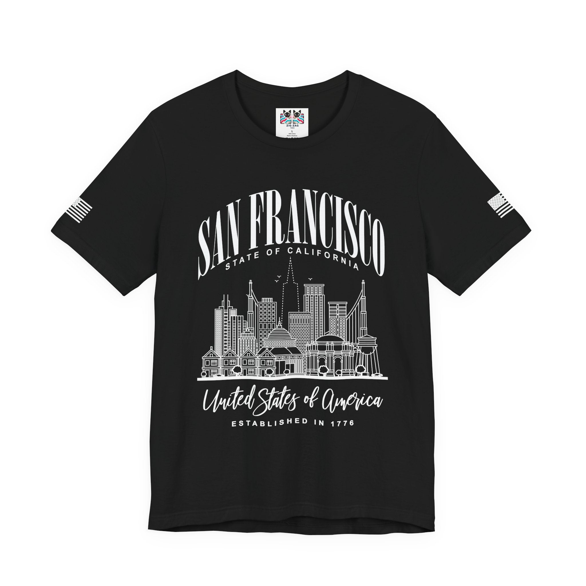 San Francisco State of California T-Shirt – Detailed Skyline Outline Established 1776 United States of America Tee