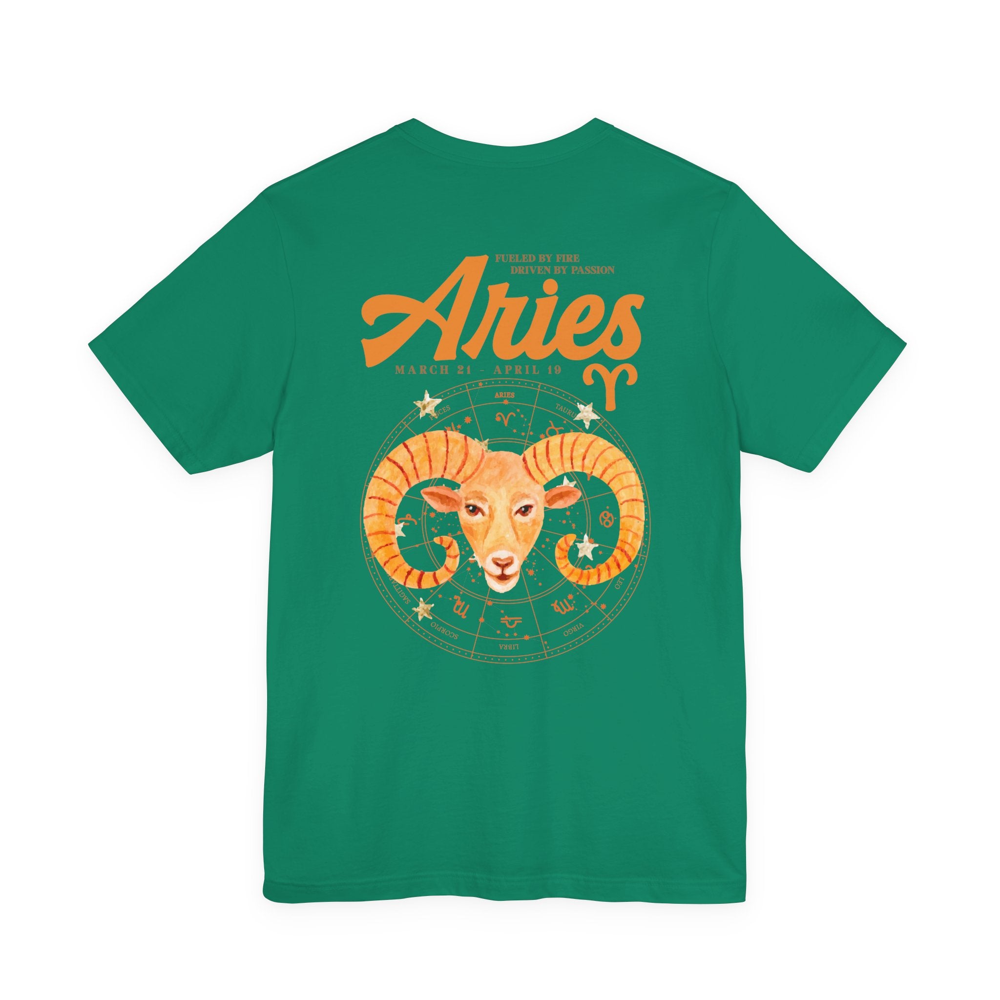 Aries Fueled by Fire T-Shirt – Ram Head with Zodiac Astrological Wheel