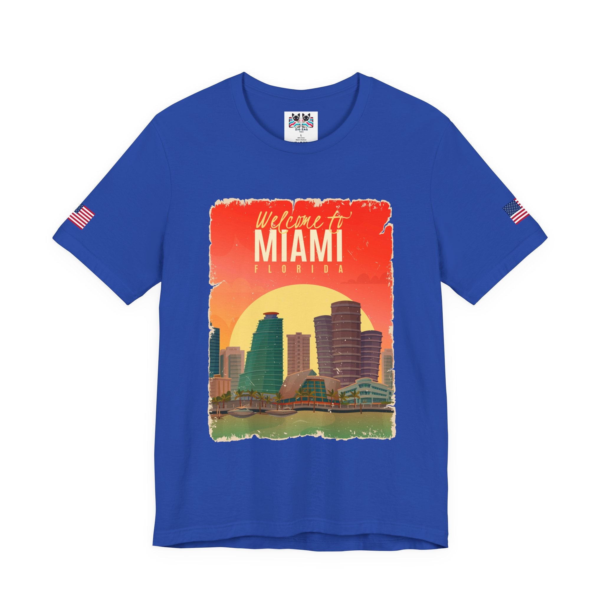Welcome to Miami Florida T-Shirt – Vintage Retro Skyline Sunset Poster Graphic Tee