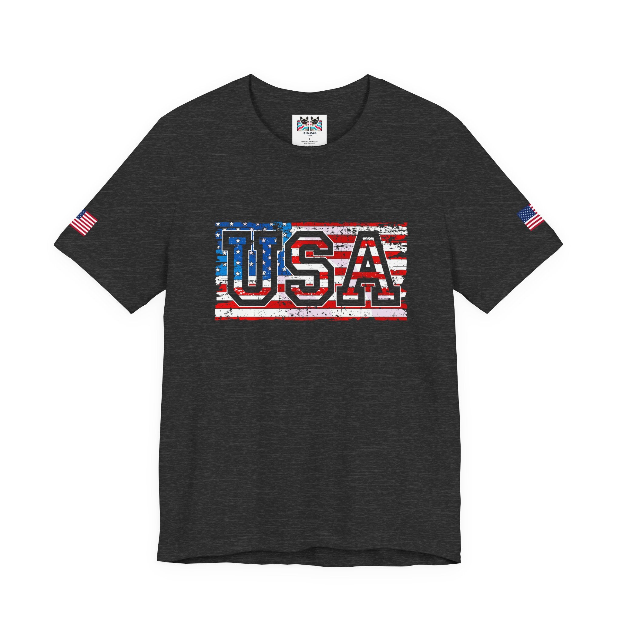 USA Vintage Collegiate T-Shirt – Retro American Flag Typography Graphic Tee