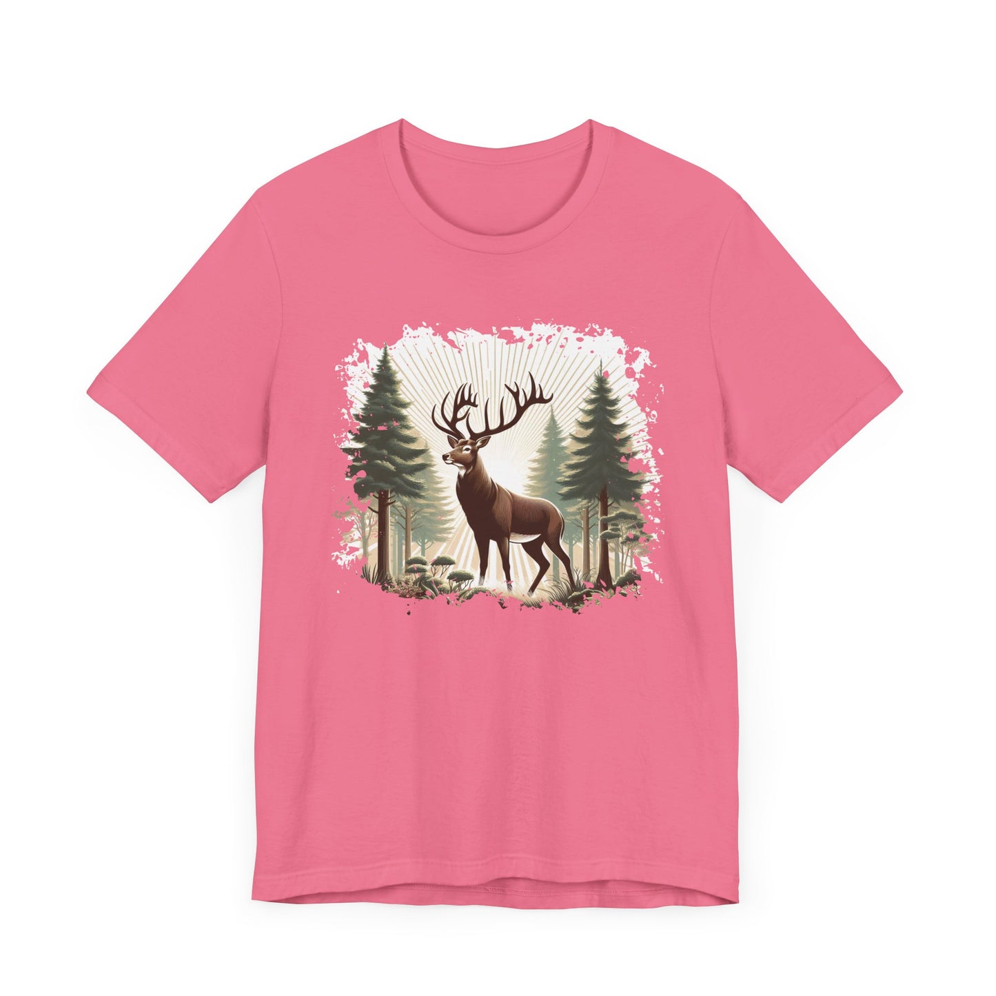 Majestic Deer with Large Antlers | Sunlight Through Foggy Forest Graphic T-Shirt