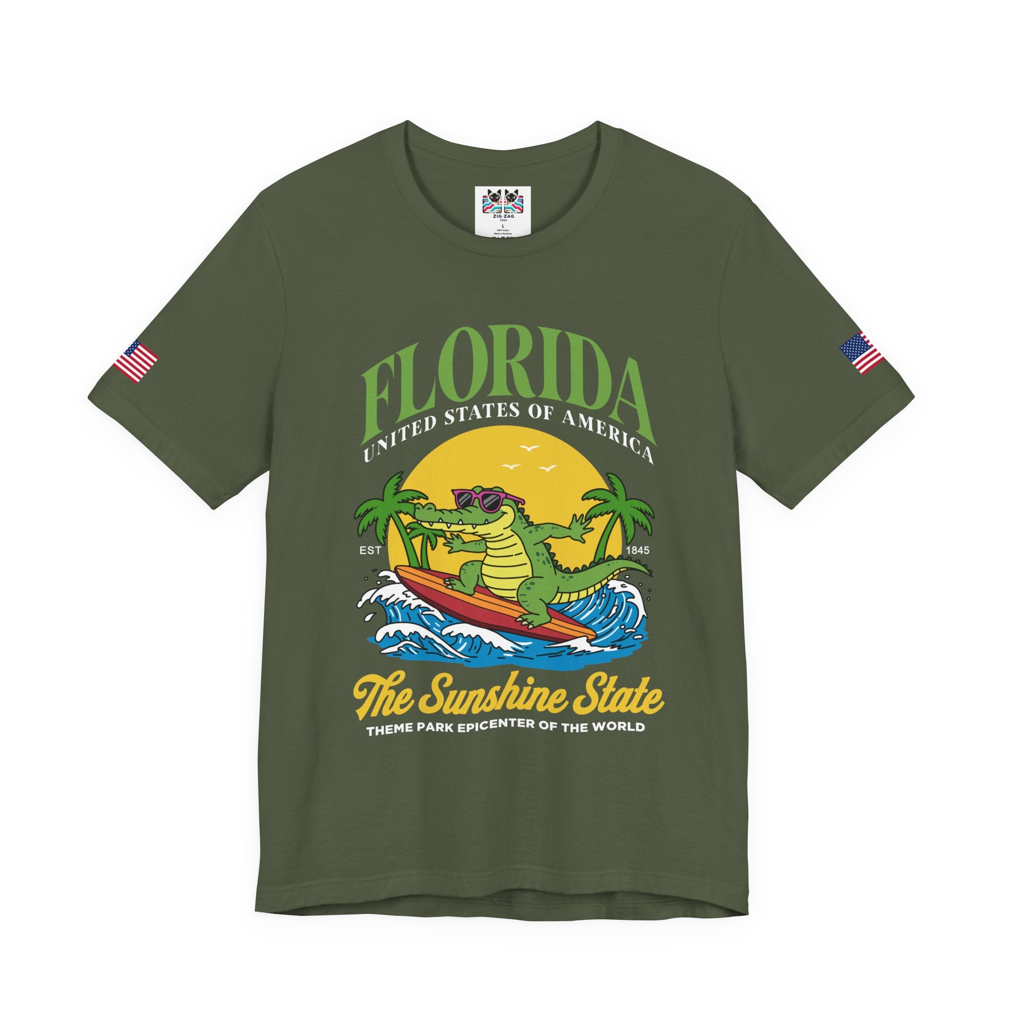 Florida Sunshine State T-Shirt – Surfing Alligator EST 1845 Theme Park Epicenter USA Tee