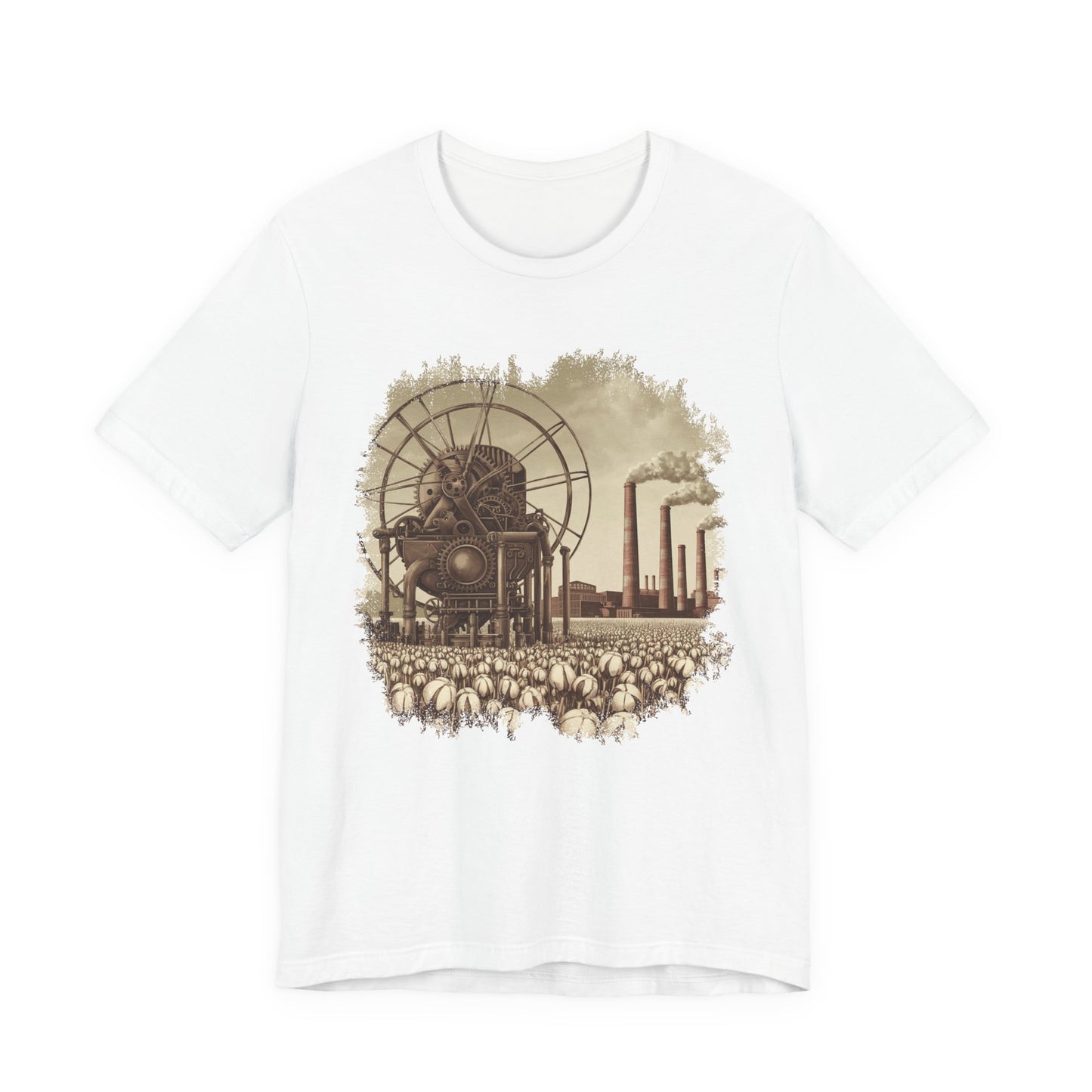 Cotton Gin Club Tshirt – Harvest-Ready Cotton Field with Historic Spinning Machine and Factory