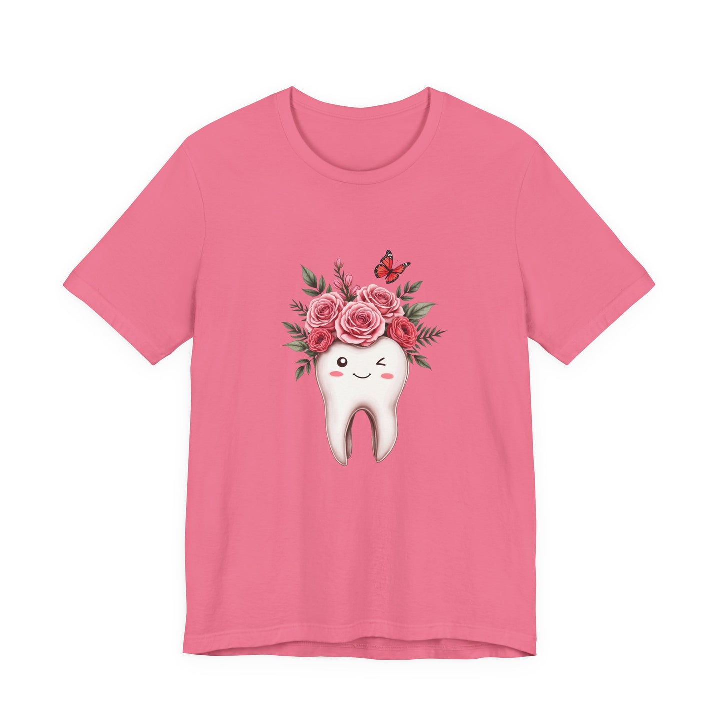 Smile T Shirt with Large Winking Tooth Surrounded by Flowers Leaves and Butterflies