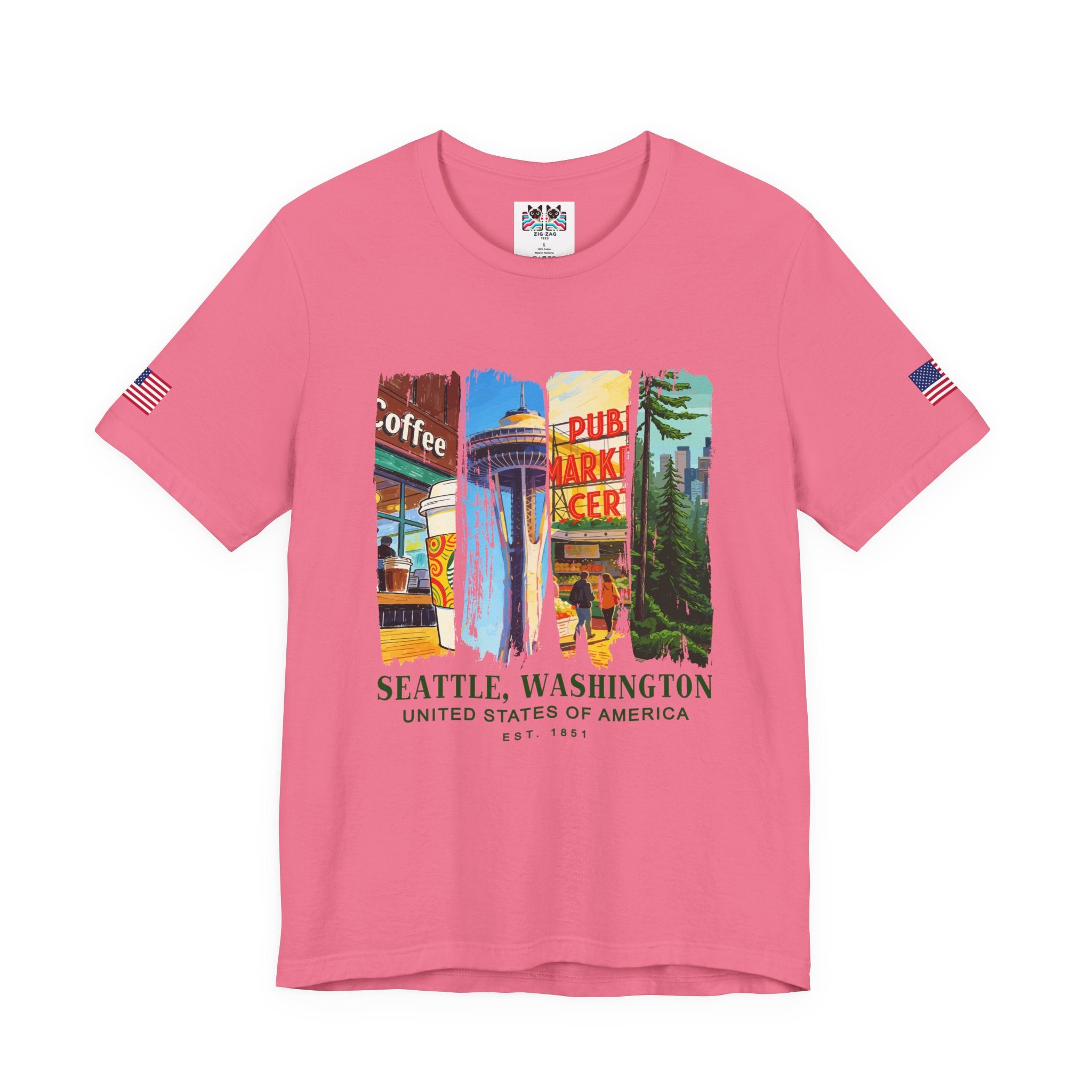 Seattle Washington Icons Collage T-Shirt | Coffee Space Needle Pike Place Market Graphic Tee | Seattle Souvenir