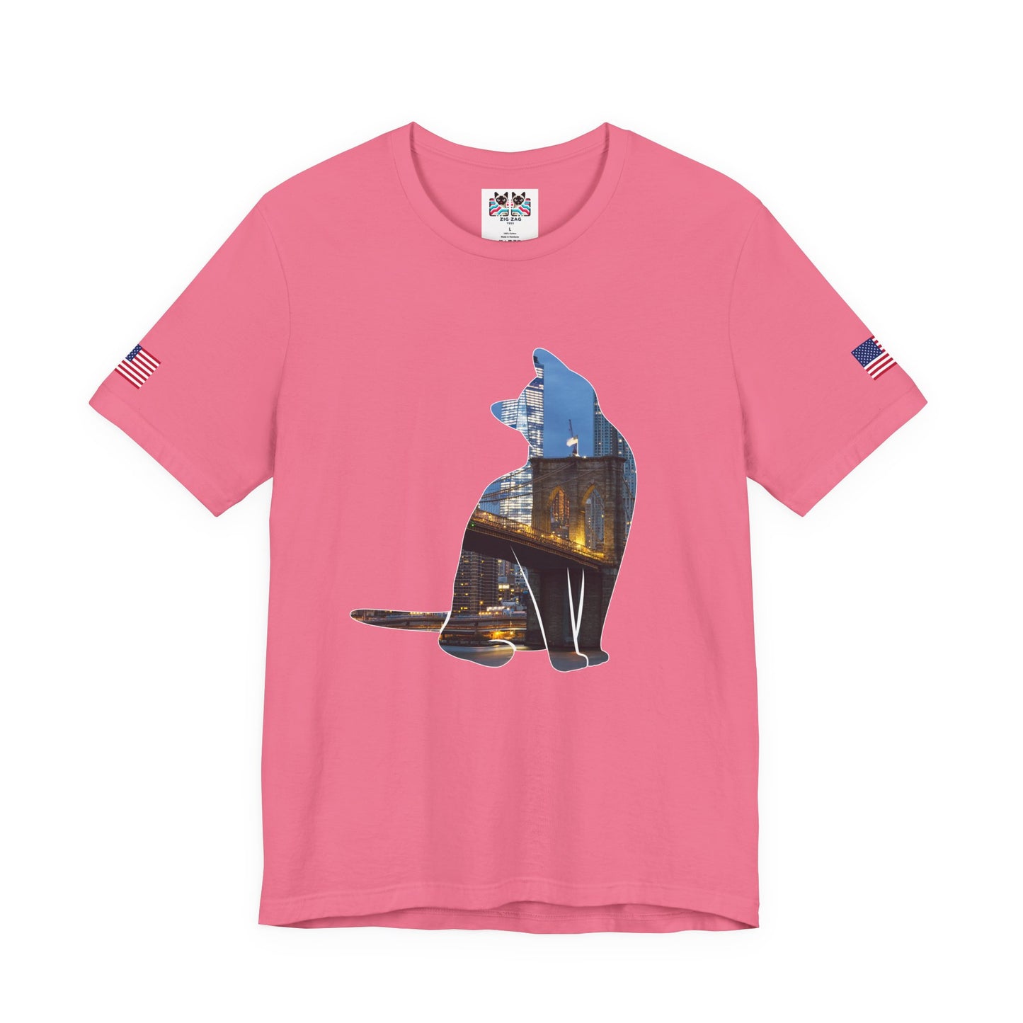 NYC Cat Silhouette T-Shirt - New York City Skyline in Cat Shape Brooklyn Bridge Design