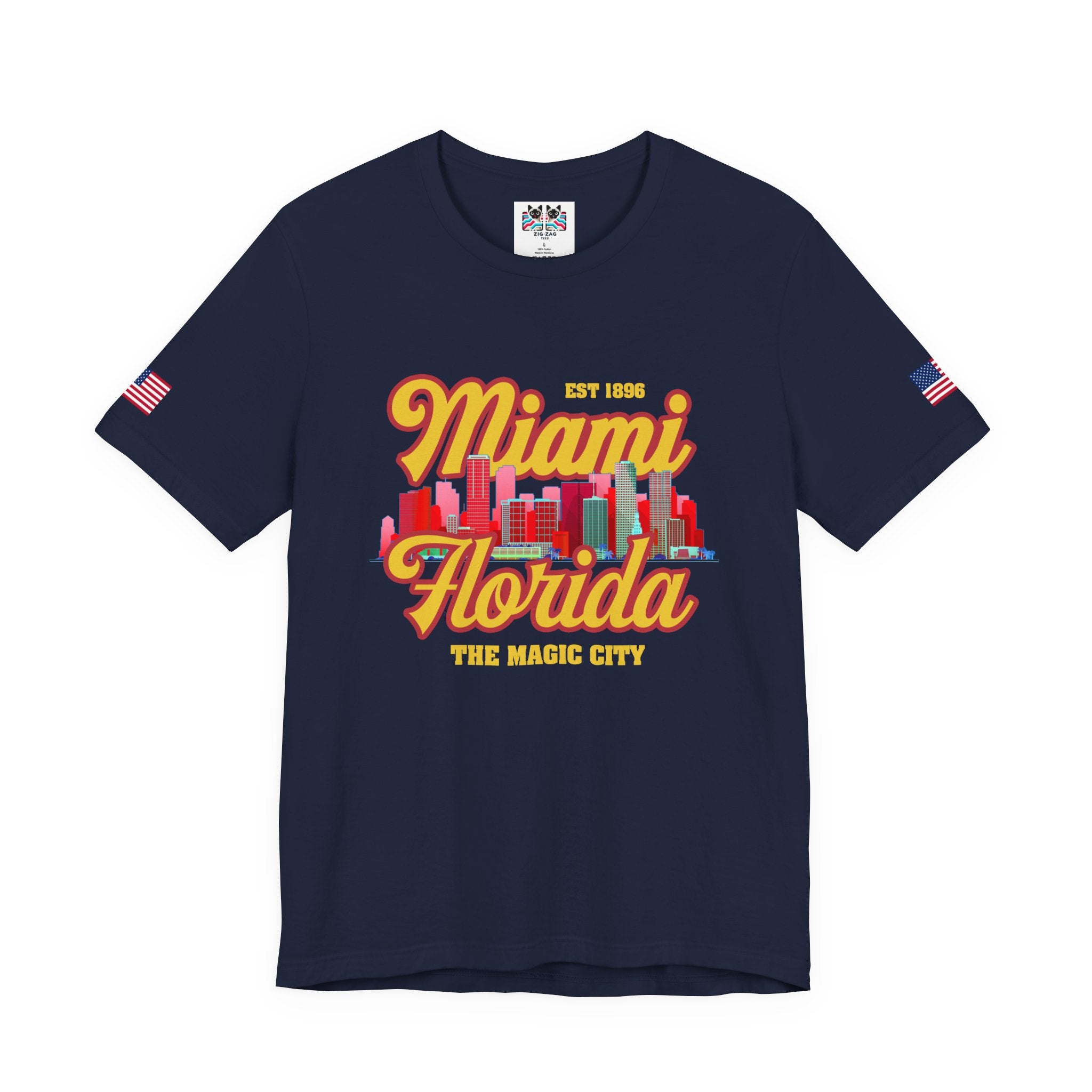 Miami Florida EST 1896 The Magic City T-Shirt – Retro Script Colorful Skyline Tee