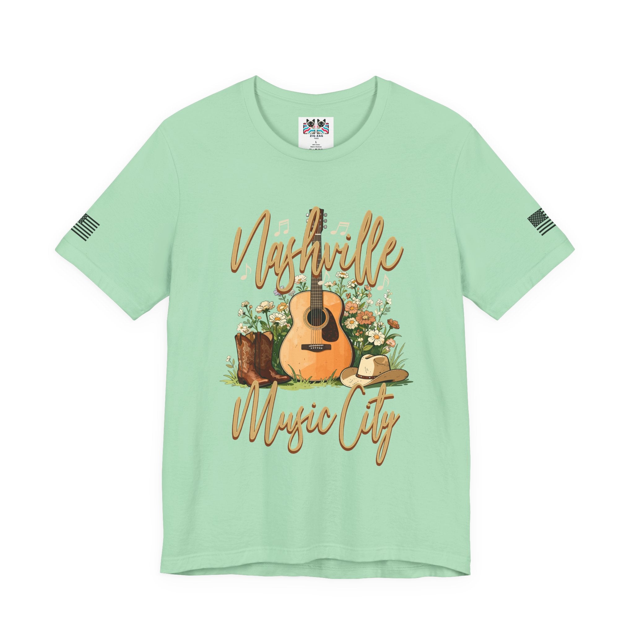 Nashville Music City T-Shirt – Acoustic Guitar Cowboy Hat Boots Floral Script Graphic Tee