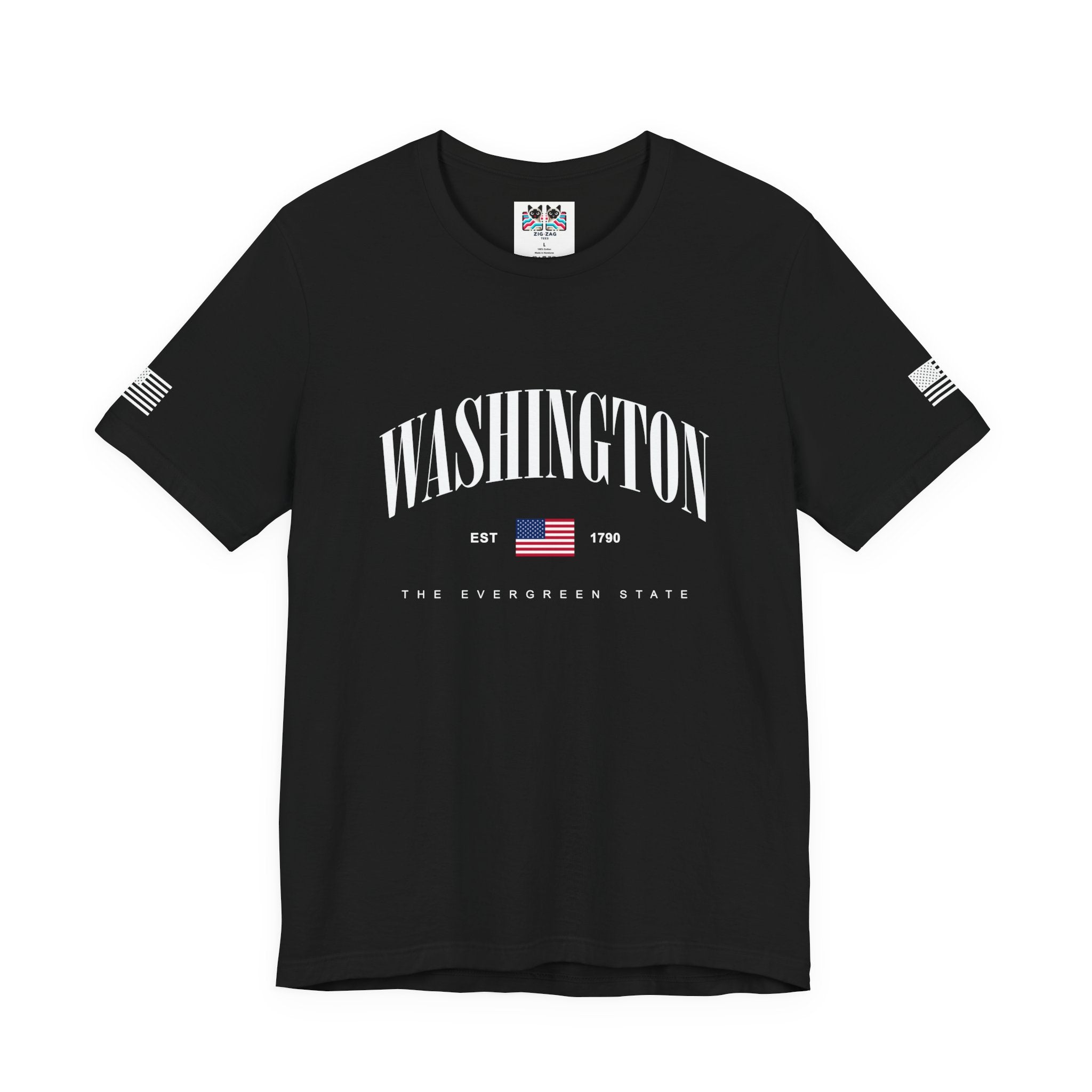 Washington The Evergreen State Collegiate Arch T-Shirt | EST 1790 American Flag Graphic Tee | Washington Pride Shirt