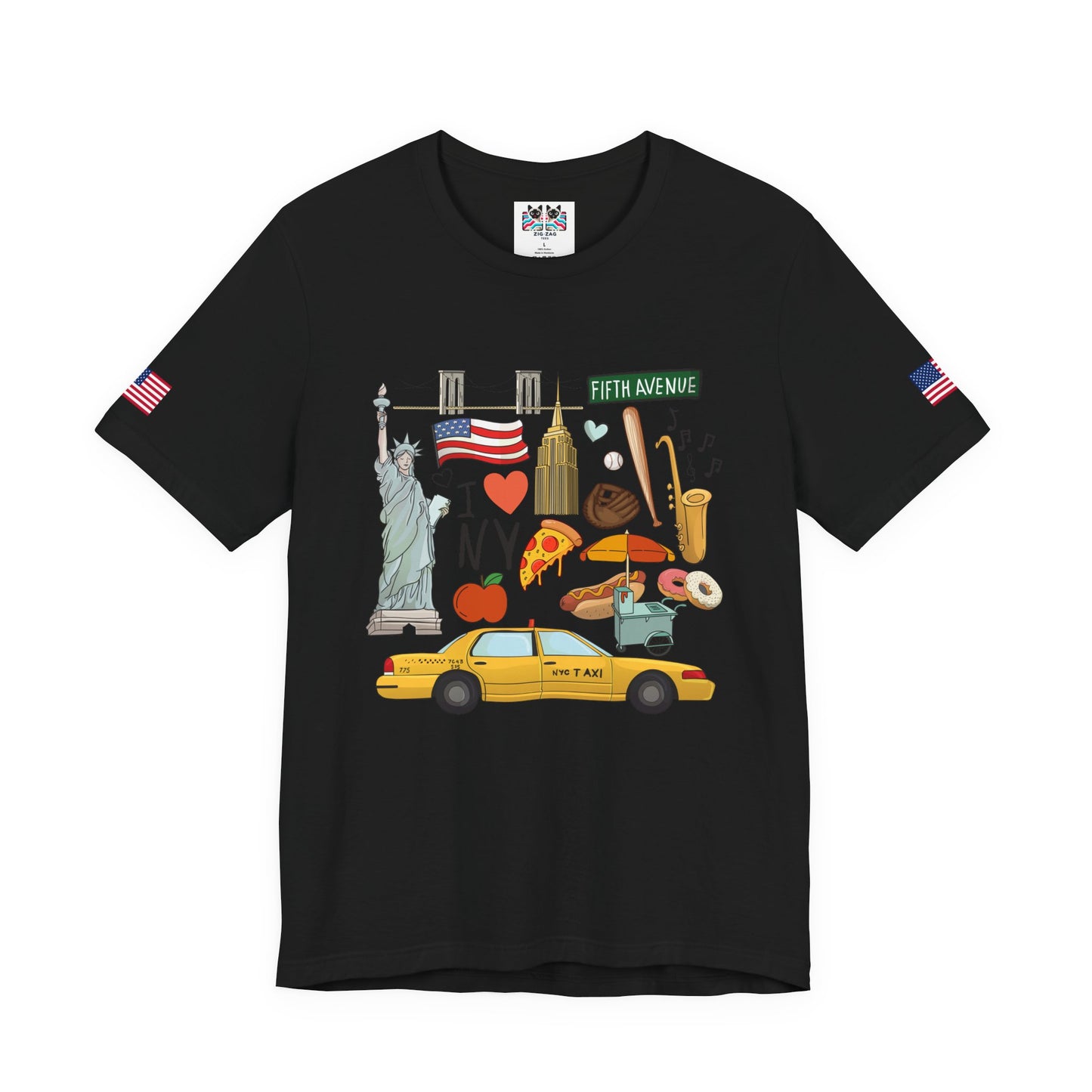 I Love NY T-Shirt - New York City Icons Graphic Tee with Statue of Liberty, Taxi & Food