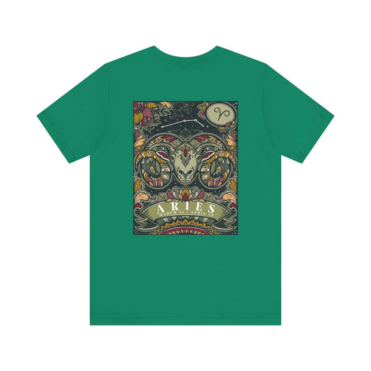 Aries Zodiac T-Shirt – Ram Head with Constellation and Floral Background