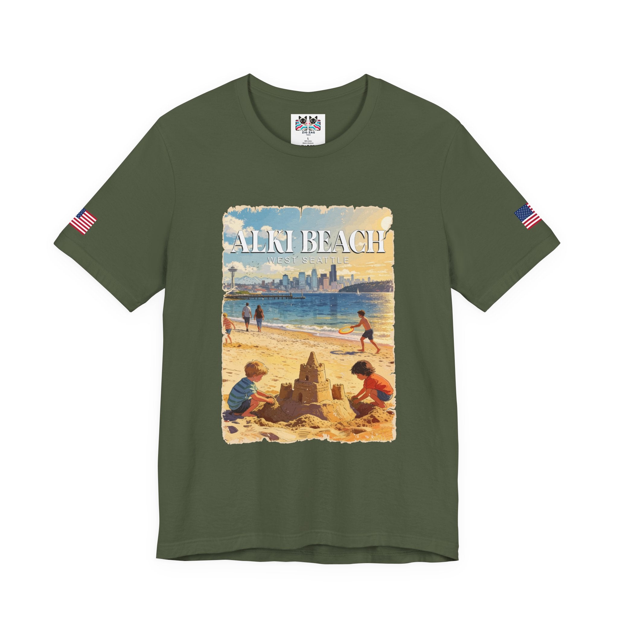 Alki Beach West Seattle Vintage Travel Poster Graphic T-Shirt | West Seattle Souvenir Tee | Puget Sound Beach Shirt