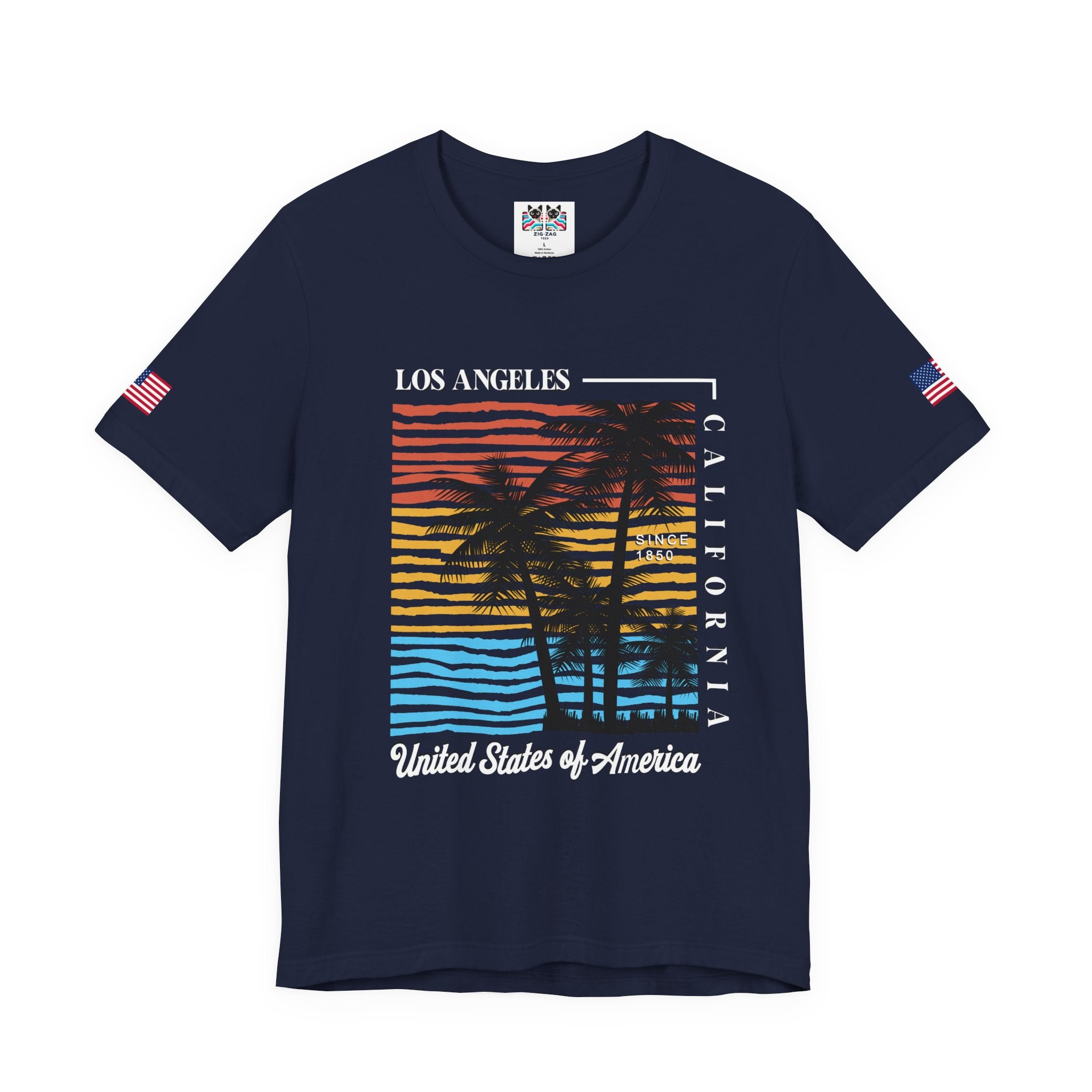 Los Angeles California Since 1850 T-Shirt – Colorful Striped Sunset Palm Tree USA Tee