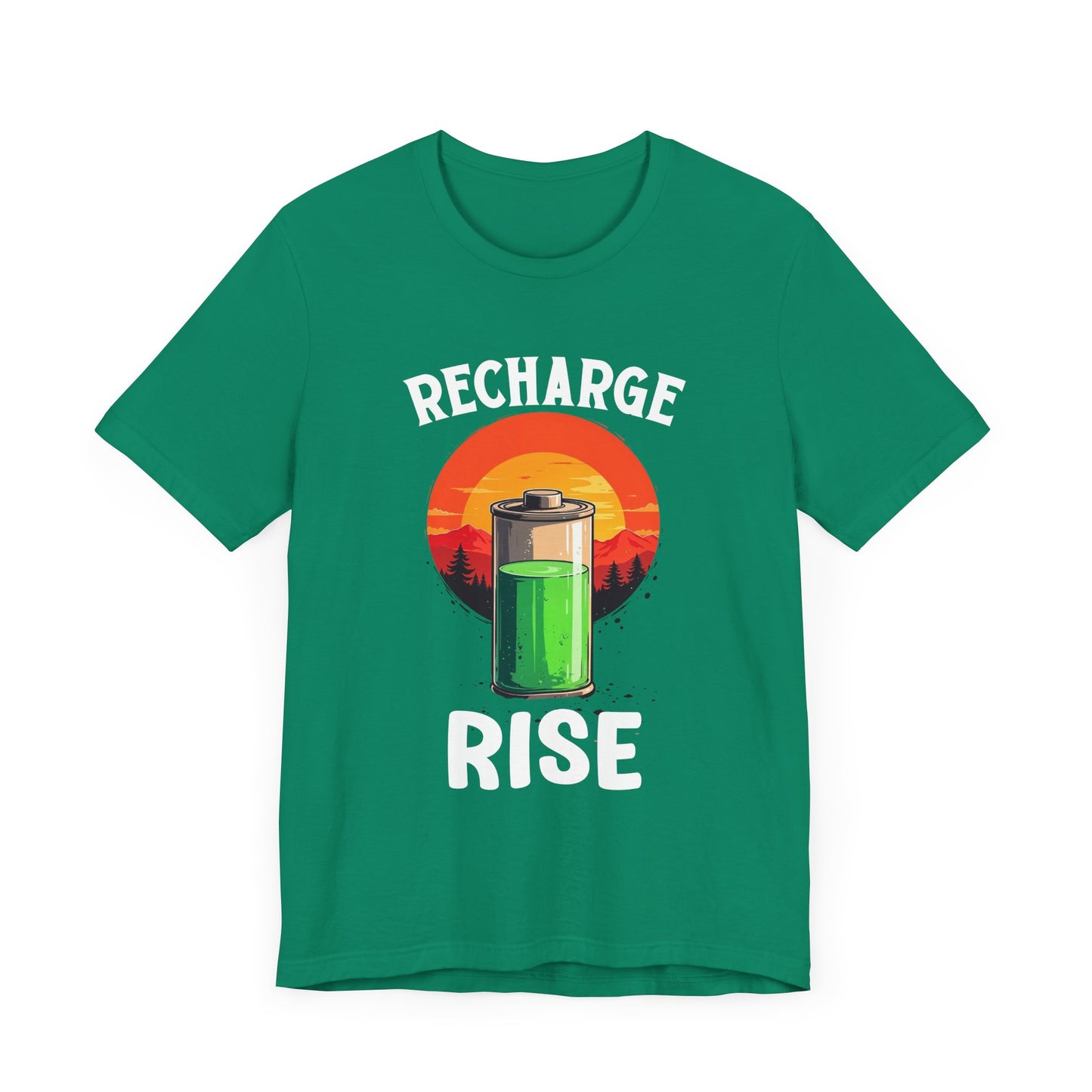 Recharge and Rise T-Shirt – Motivational Battery and Sunrise Graphic Tee