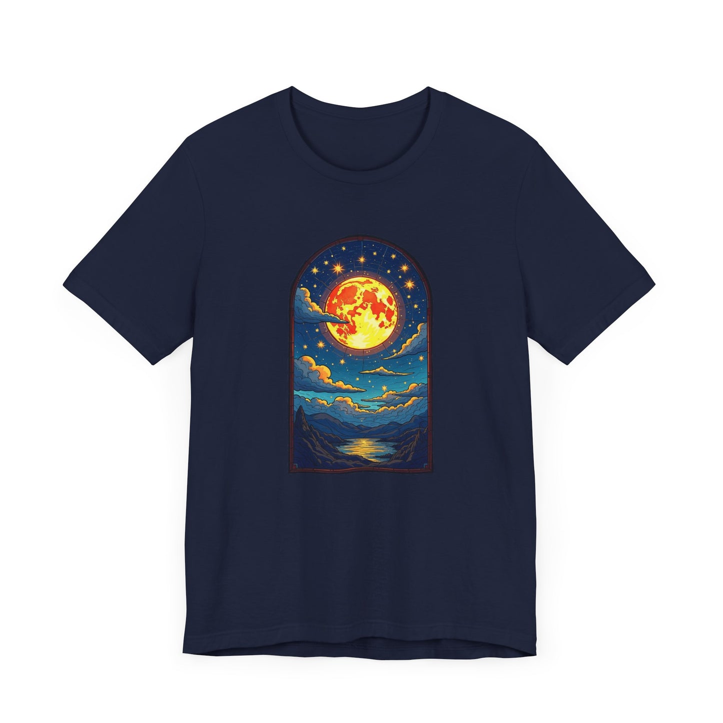 Castle Window View of Glowing Full Moon with Reflection and Stars Graphic T-Shirt